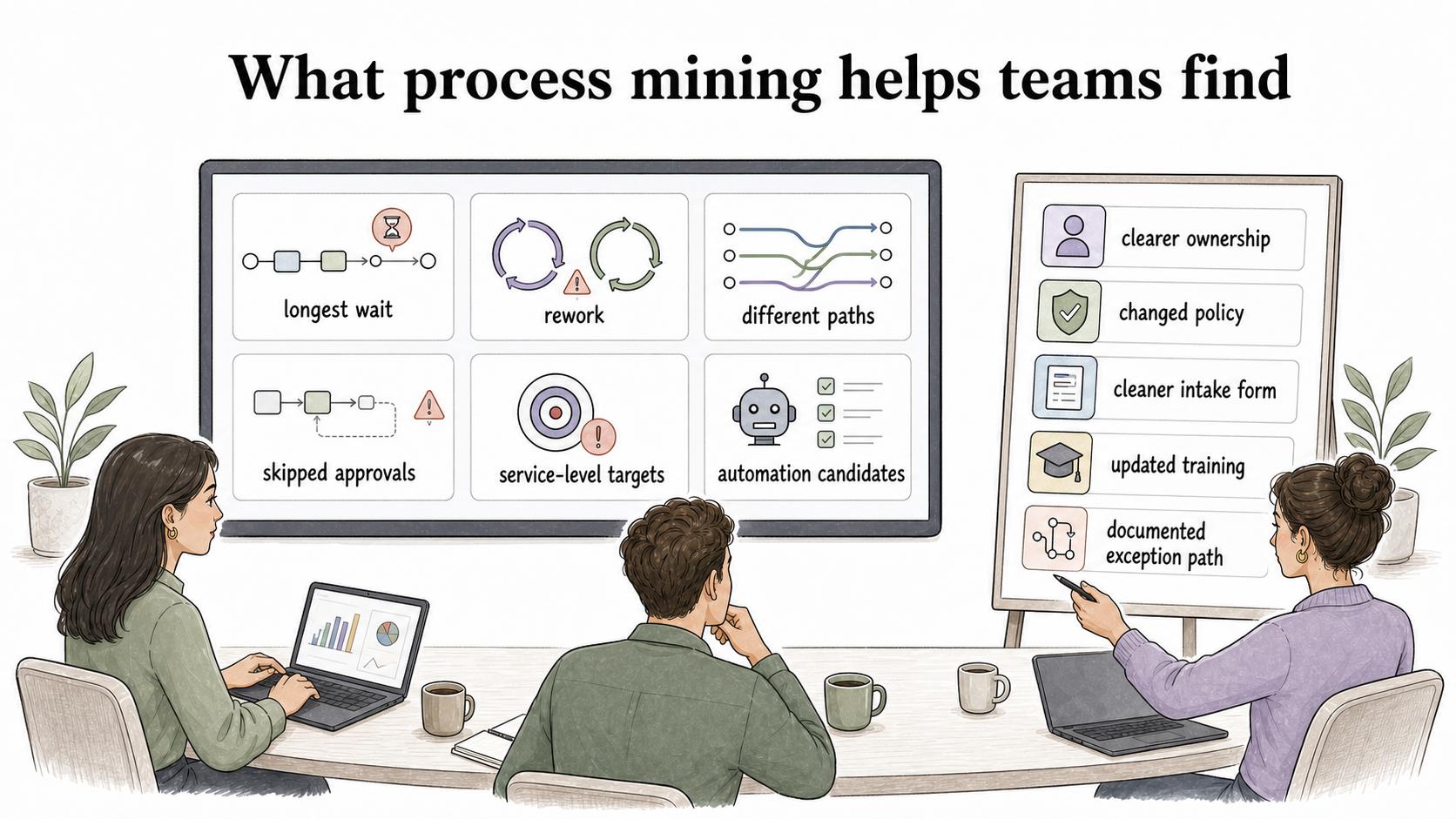 Process mining helps teams find waits, rework, different paths, skipped approvals, missed targets, and automation candidates while pointing to practical fixes.