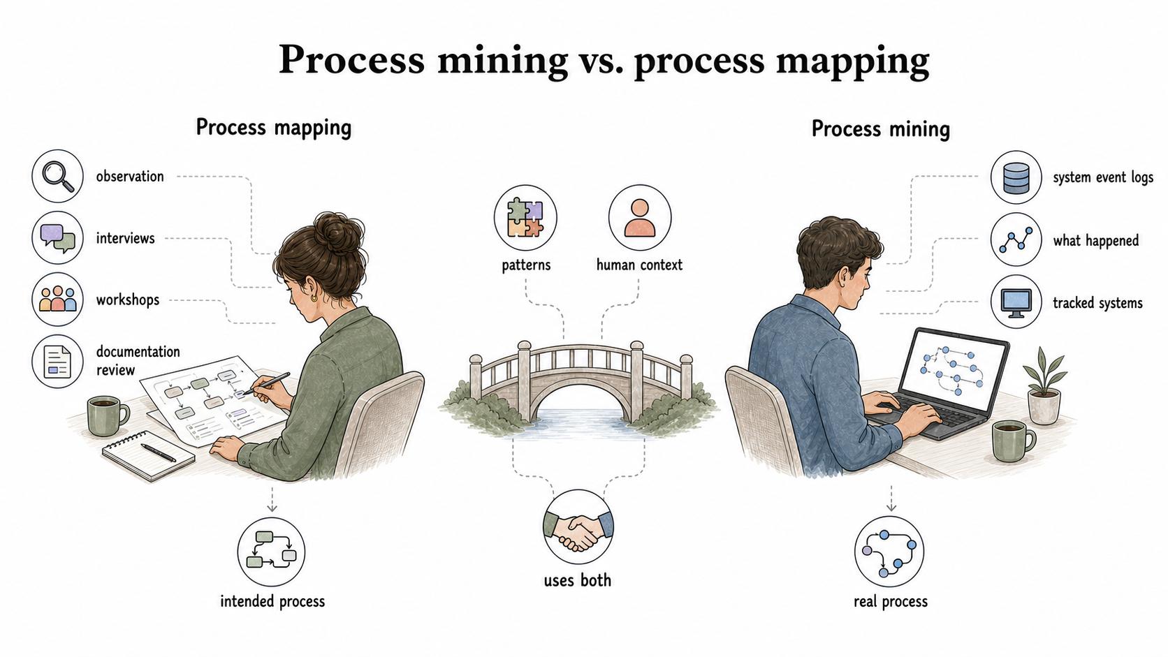 Process mining uses system event logs to show what happened, while process mapping explains human context through observation, interviews, workshops, and documentation review.