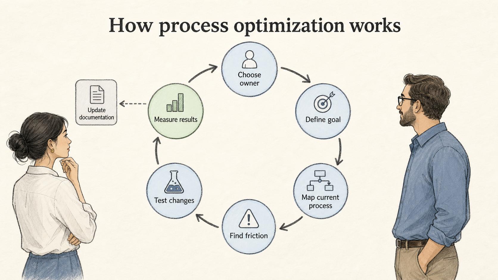 A practical optimization loop moves from ownership and goals to mapping, testing, documentation, and measured results.