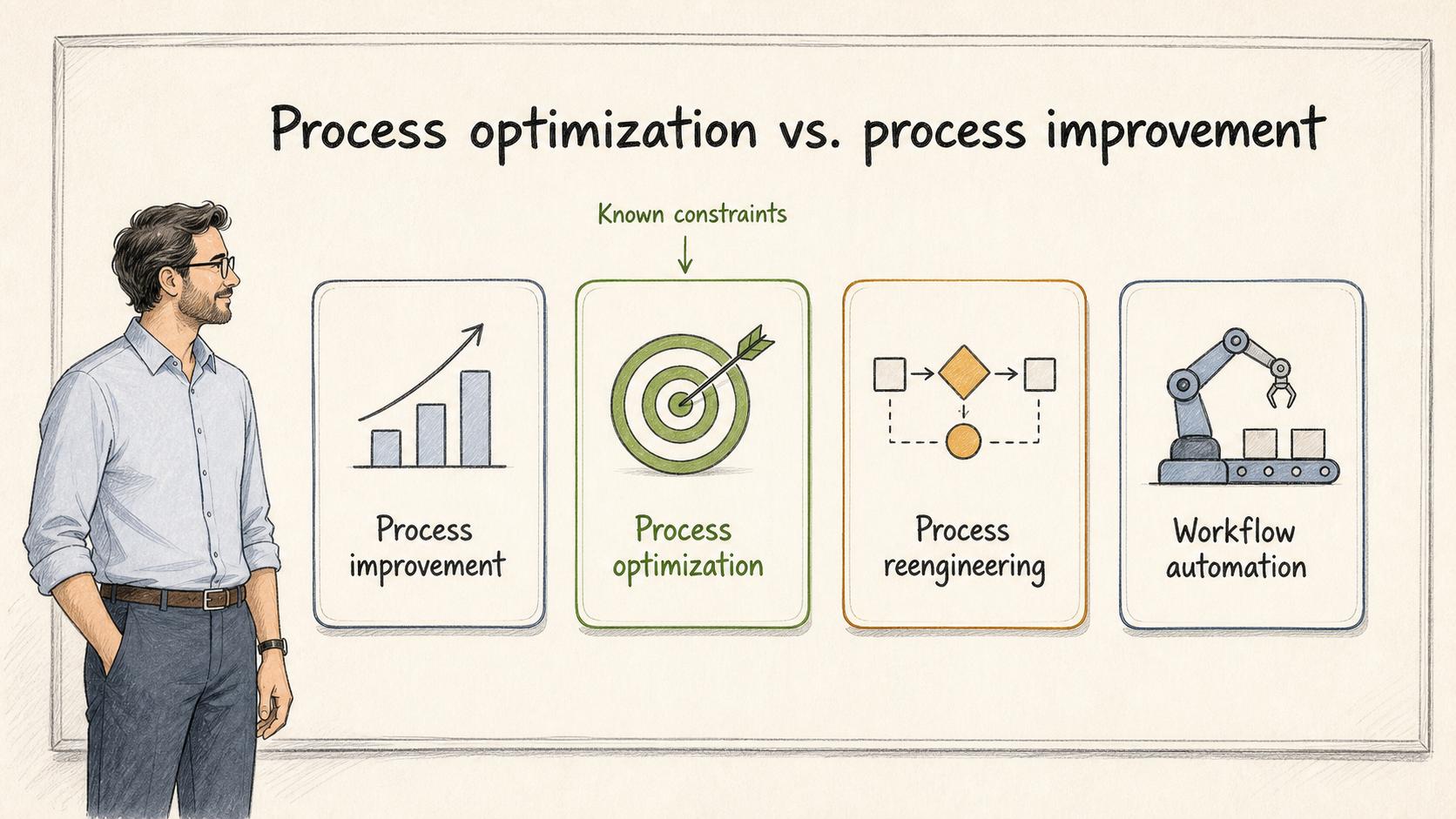 Optimization is more targeted than broad improvement, less radical than reengineering, and should come before automation.