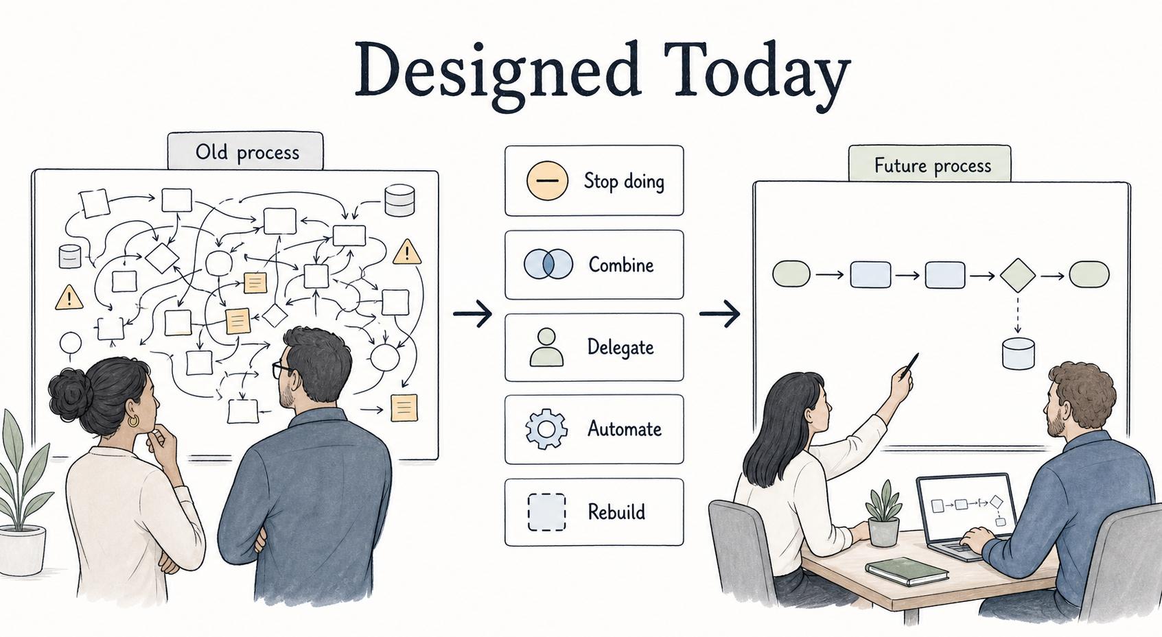Process reengineering asks what the team would stop, combine, delegate, automate, or rebuild if the process were designed today.