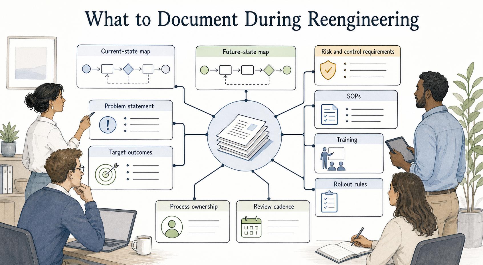 Reengineering documentation connects the current state, target outcomes, future state, risks, SOPs, training, rollout rules, ownership, and review cadence.