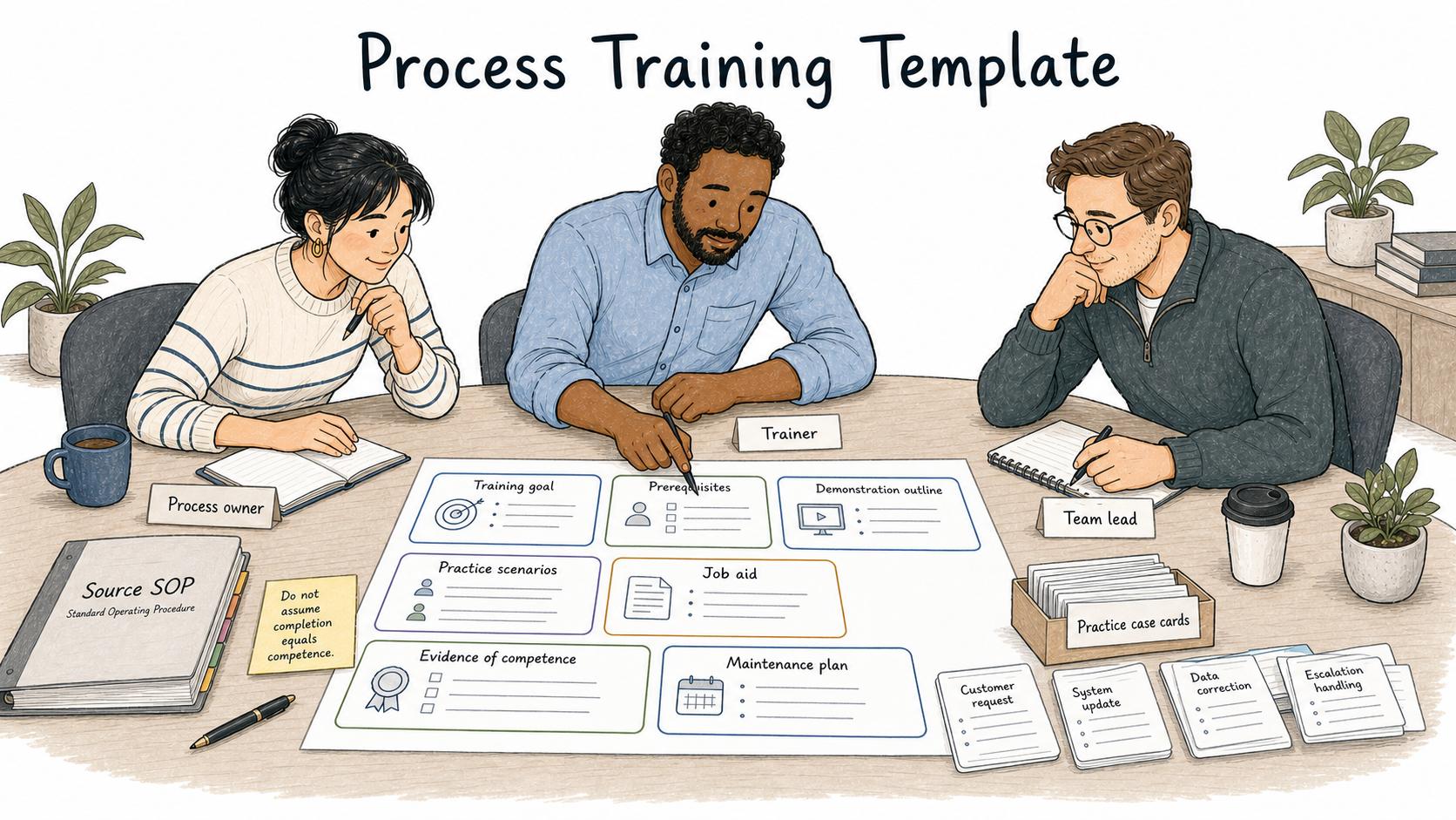 A practical training plan should define the goal, prerequisites, demonstration, practice scenarios, job aid, evidence of competence, and maintenance plan.
