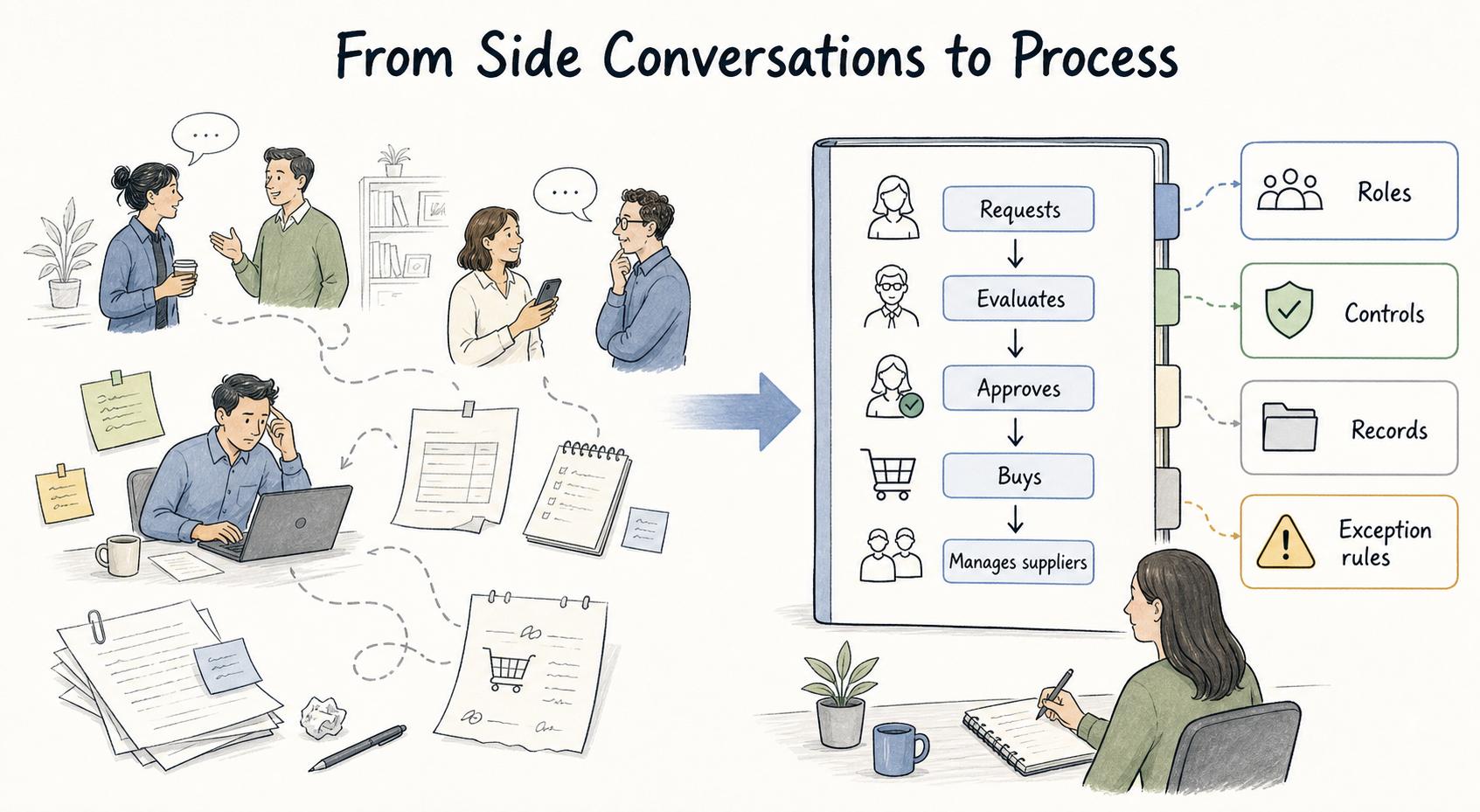 A procurement SOP turns side conversations into a repeatable process for requests, evaluation, approval, buying, and supplier management.
