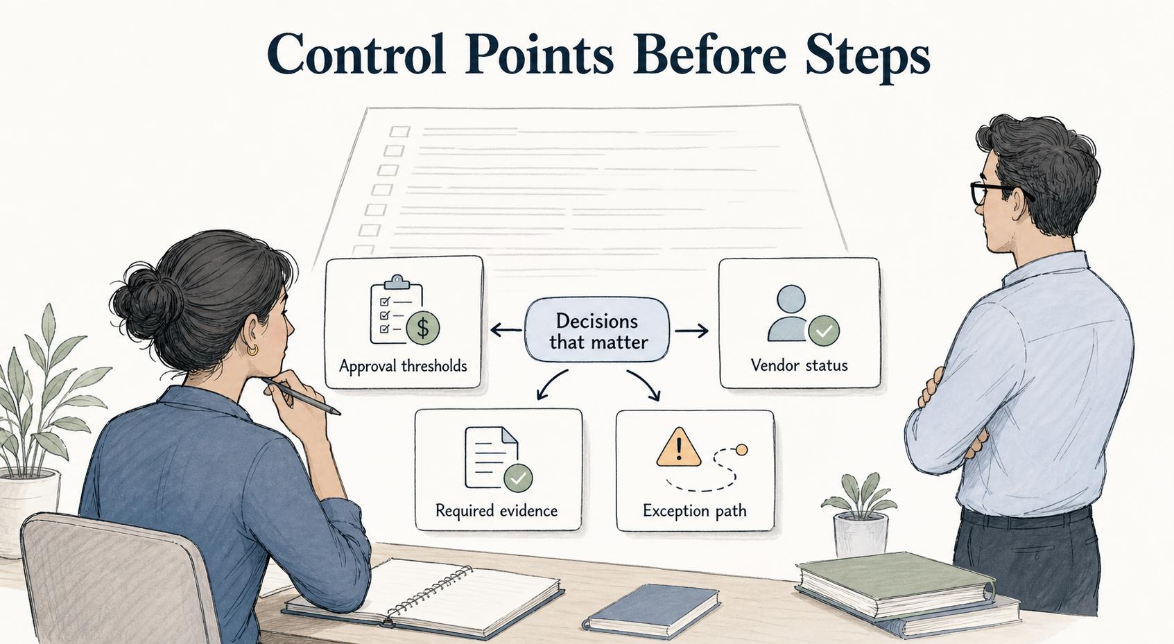 Before documenting steps, define the control points that shape procurement decisions: approval thresholds, vendor status, required evidence, and exception paths.