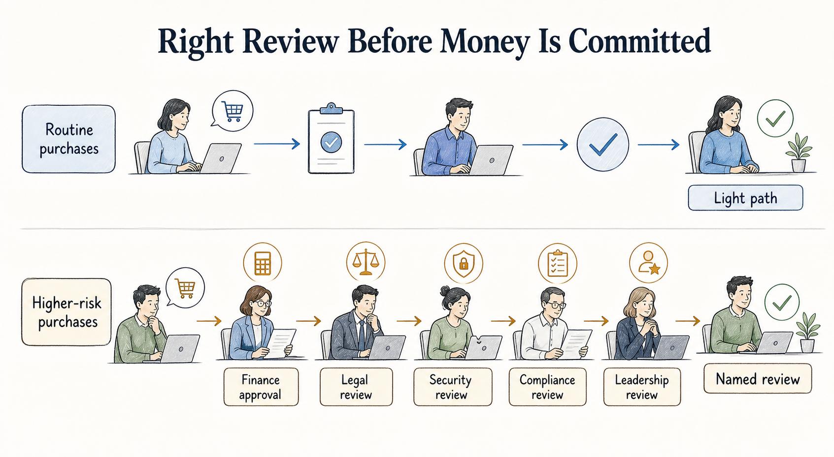 Good procurement SOPs create lanes: routine purchases move quickly, while higher-risk purchases get the right review before money is committed.