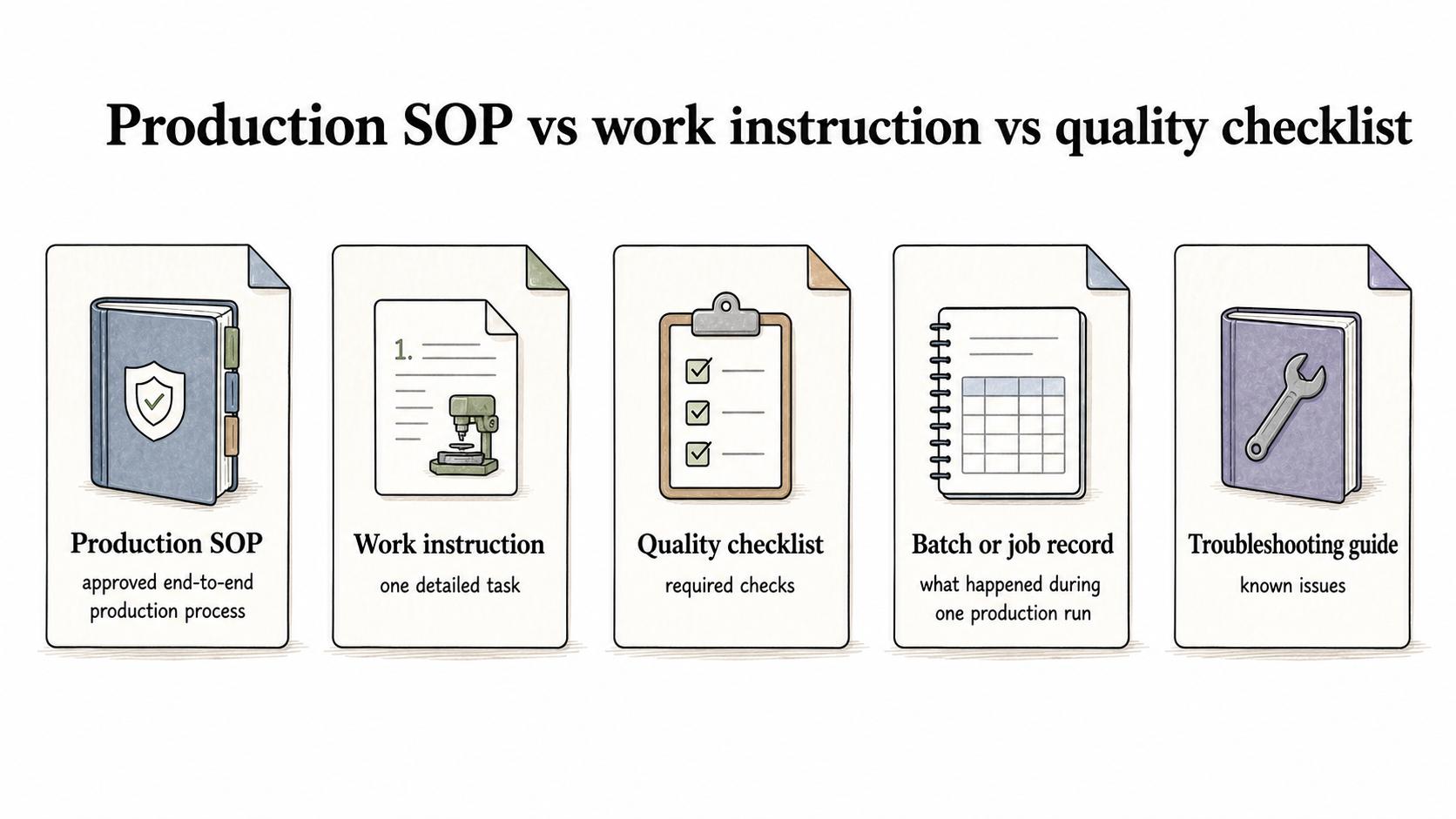 Production documentation works best as a small system: the SOP defines the end-to-end process, while instructions, checklists, records, and troubleshooting guides support specific moments.