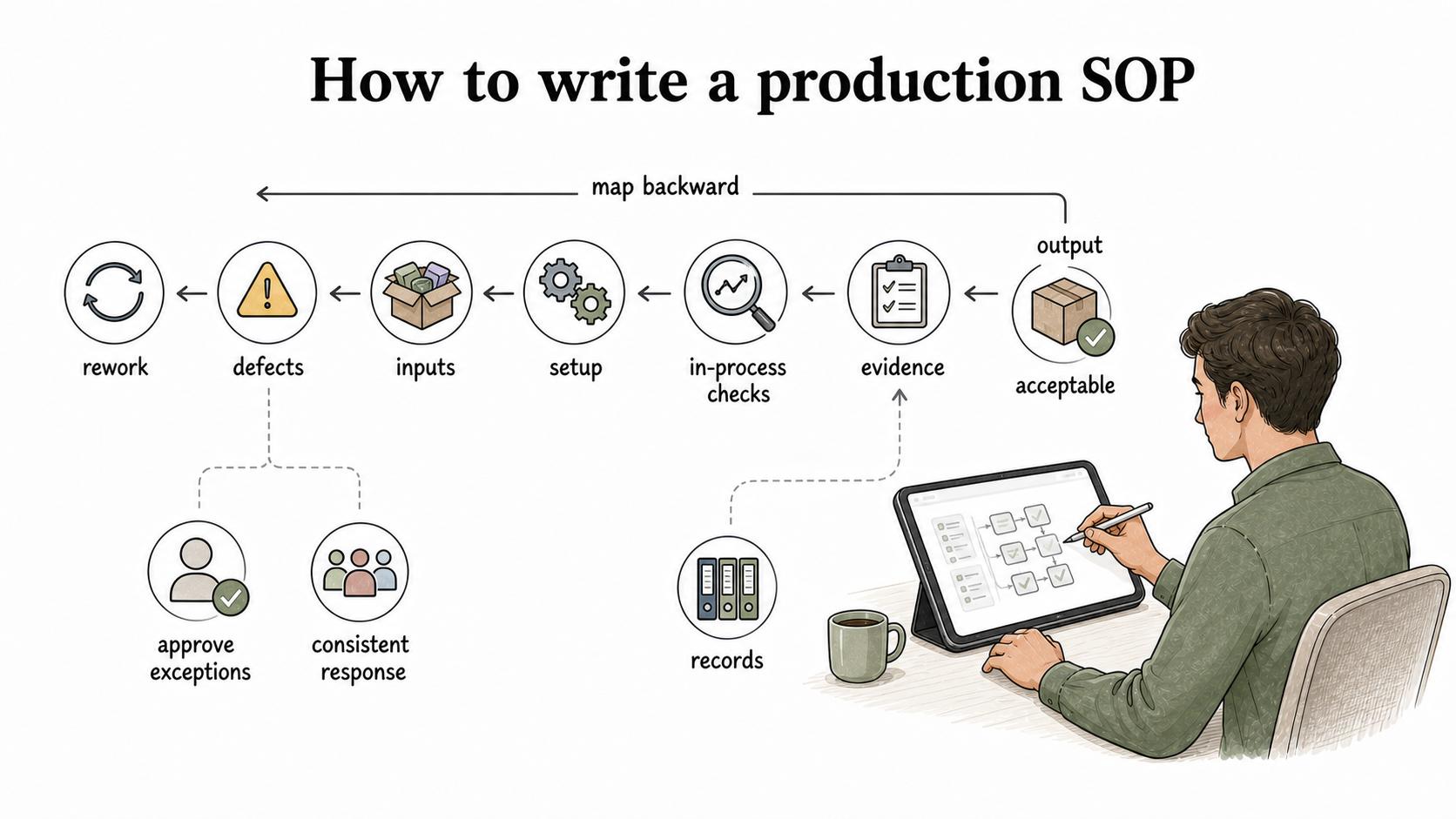 Start with the accepted output, then map backward through evidence, checks, setup, inputs, defects, rework, exceptions, and records.