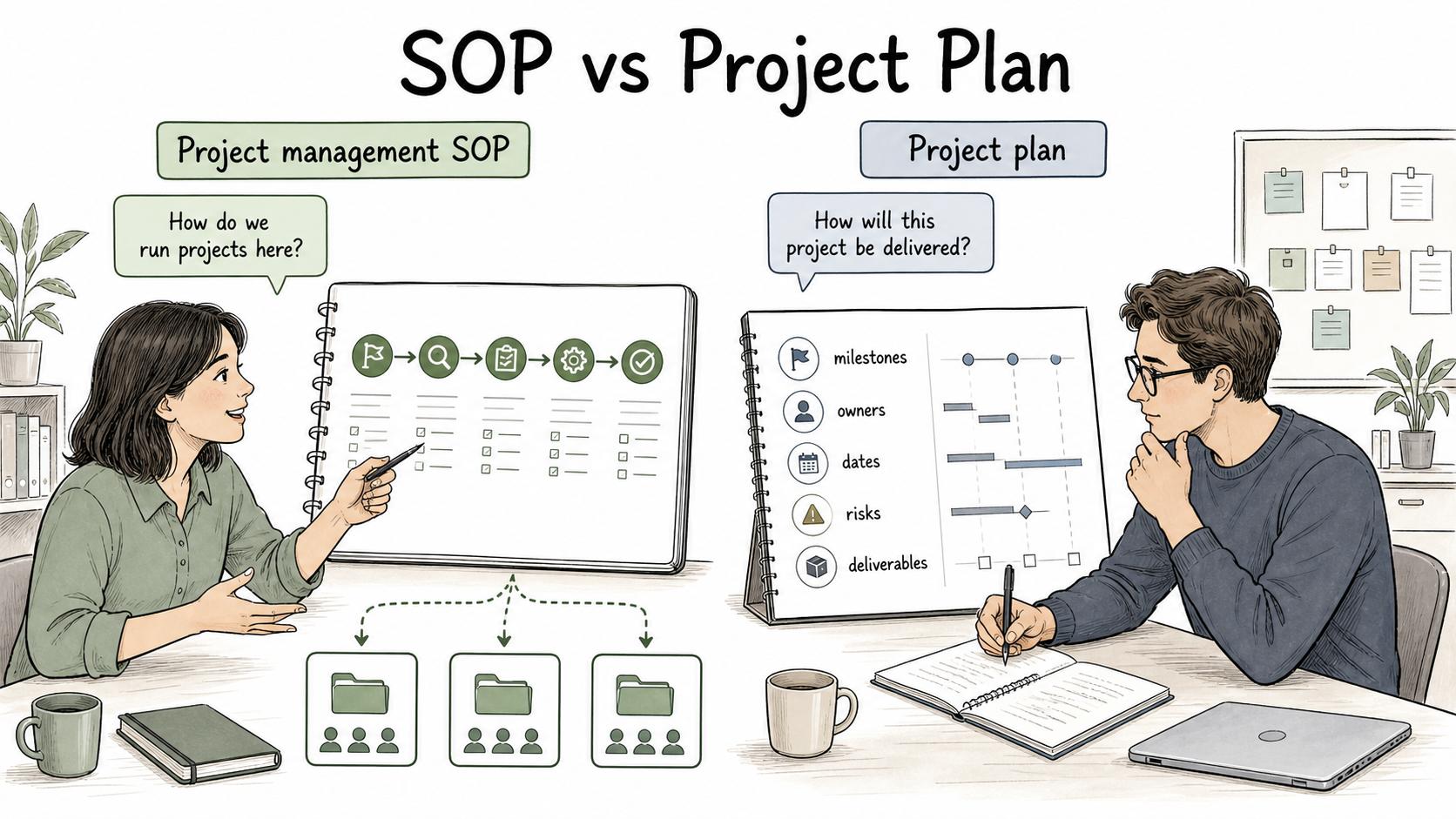 The SOP defines how projects run; the project plan defines how one project will be delivered.
