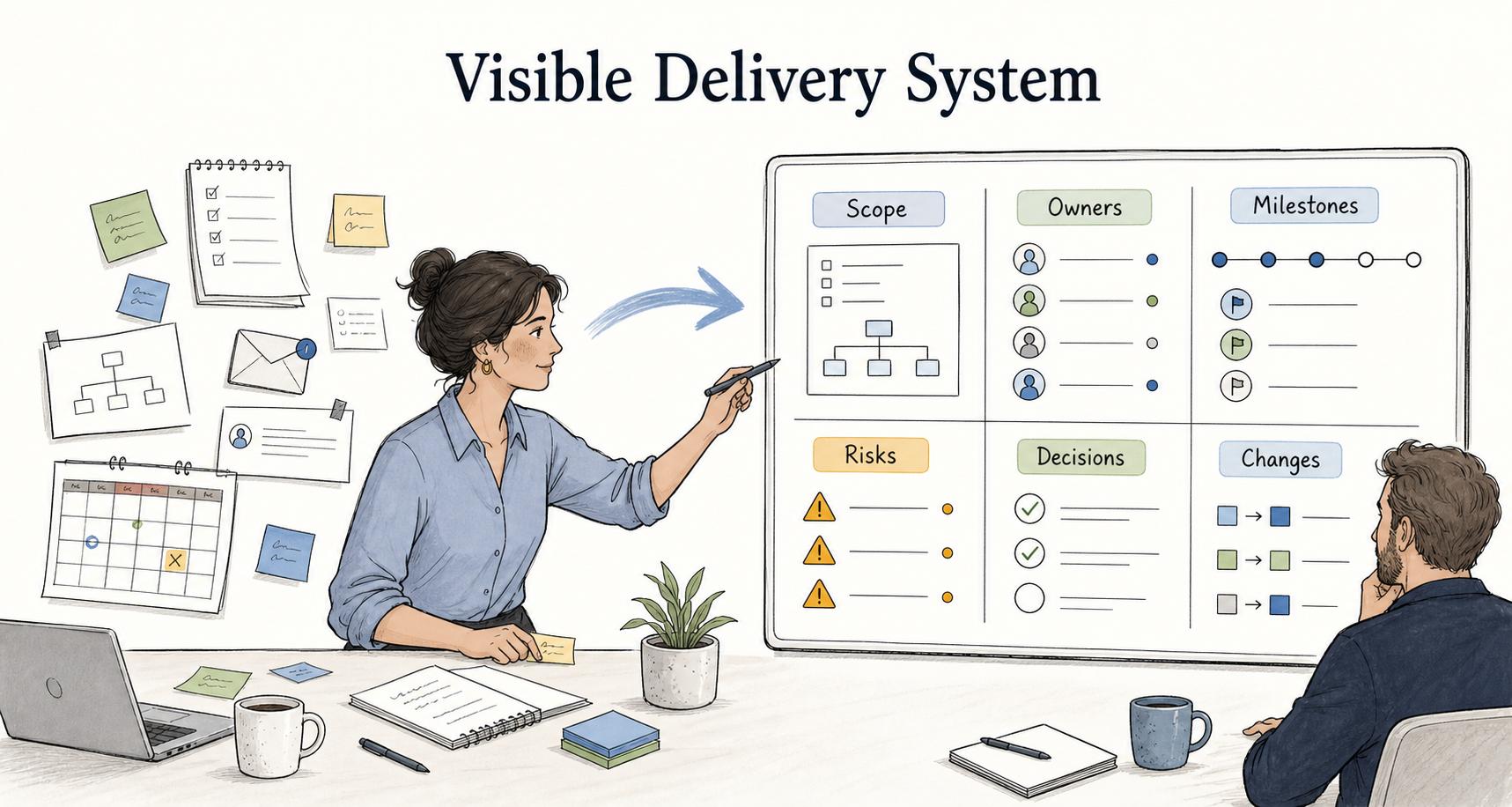 A project manager makes scope, owners, milestones, risks, decisions, and changes visible.