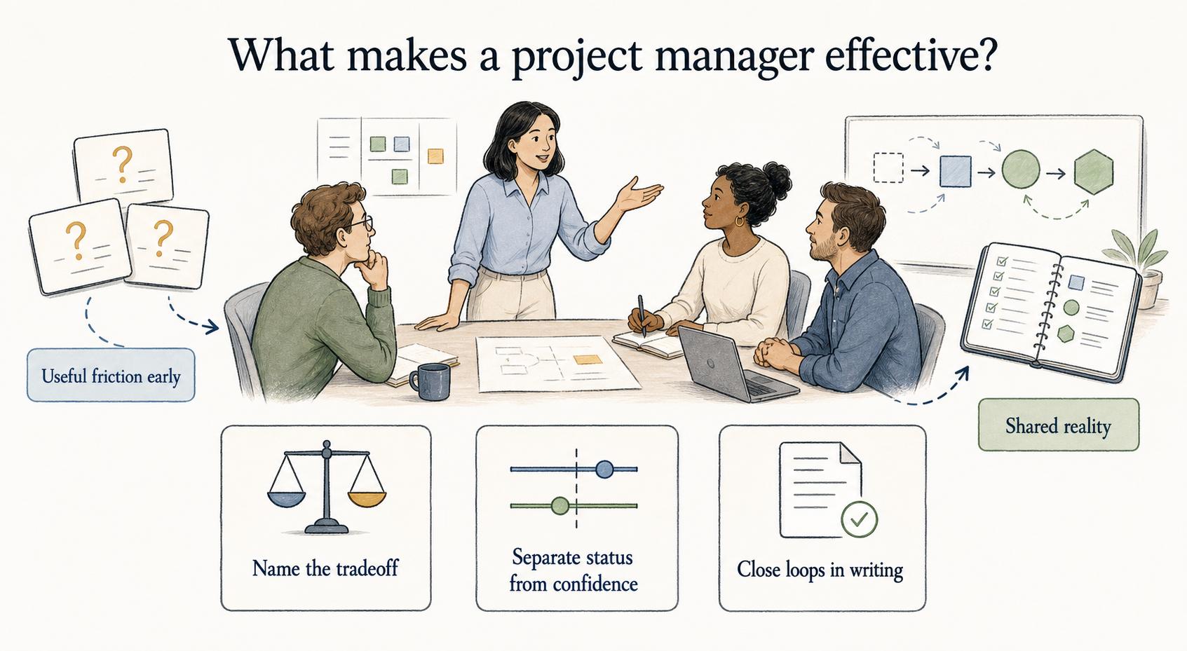 Effective project managers name tradeoffs, track uncertainty, and close loops in writing.