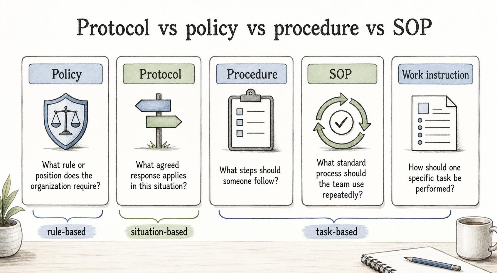 A protocol is situation-based: it explains the agreed response that applies when a specific condition occurs.
