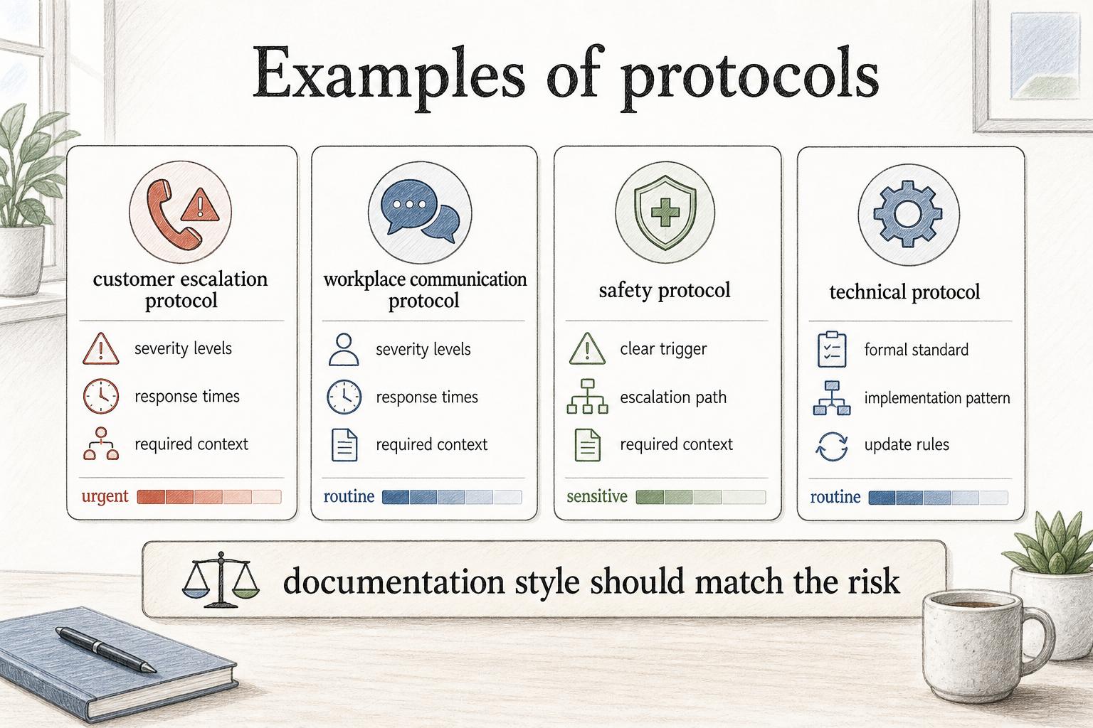 Protocols can be lightweight for team communication or more controlled for safety, security, clinical, compliance, and technical work