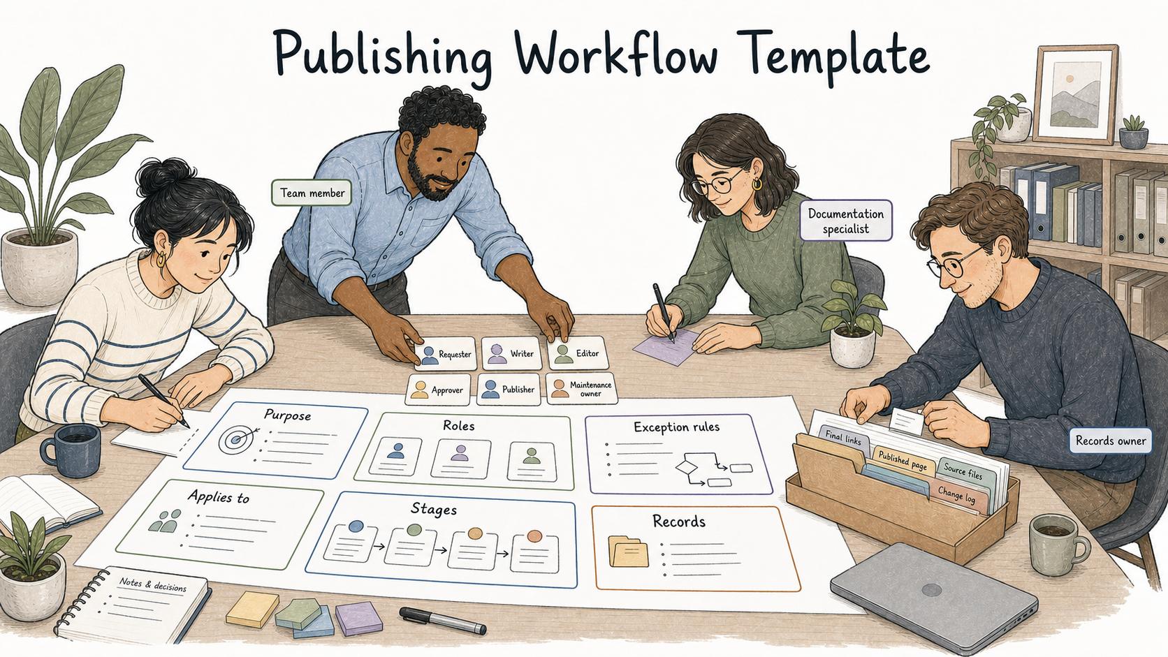 A useful publishing workflow documents purpose, scope, roles, stages, exceptions, and records.