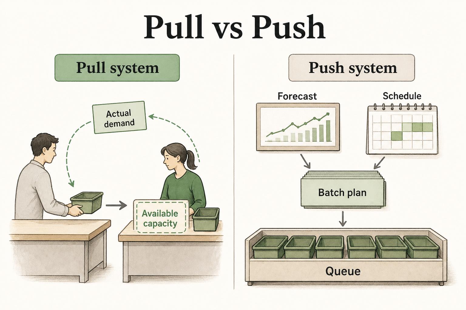Pull systems release work when the next step is ready; push systems release work because a schedule says to start.