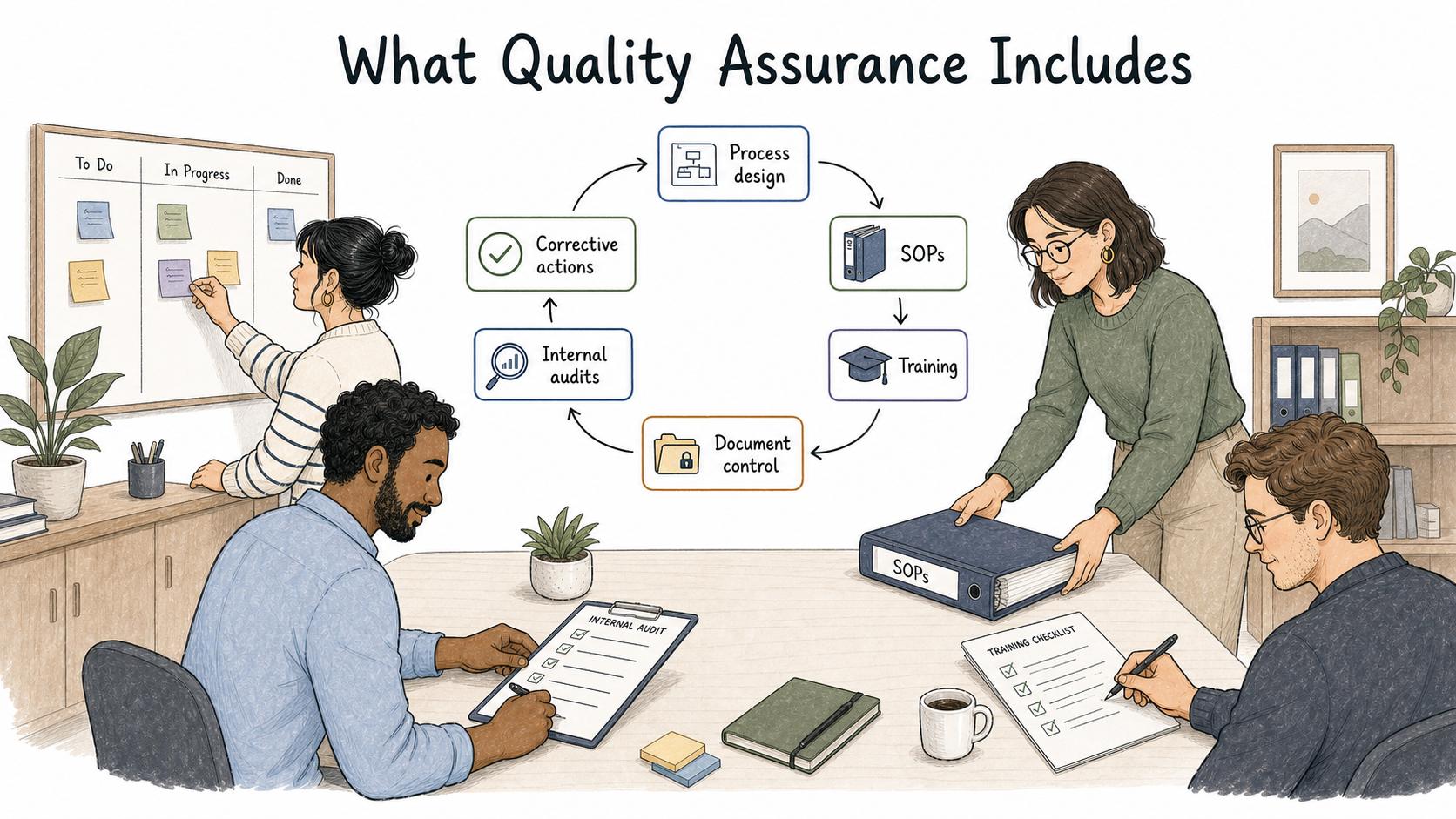 Quality assurance is a repeatable operating loop of process design, procedures, training, controls, audits, and corrective action.