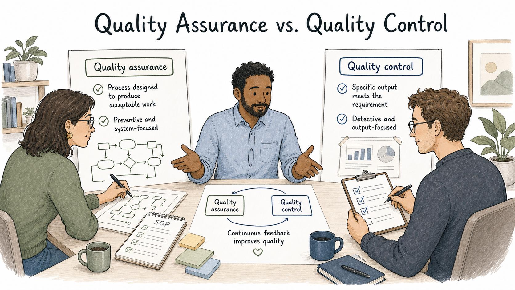 QA designs the process while QC checks a specific output.