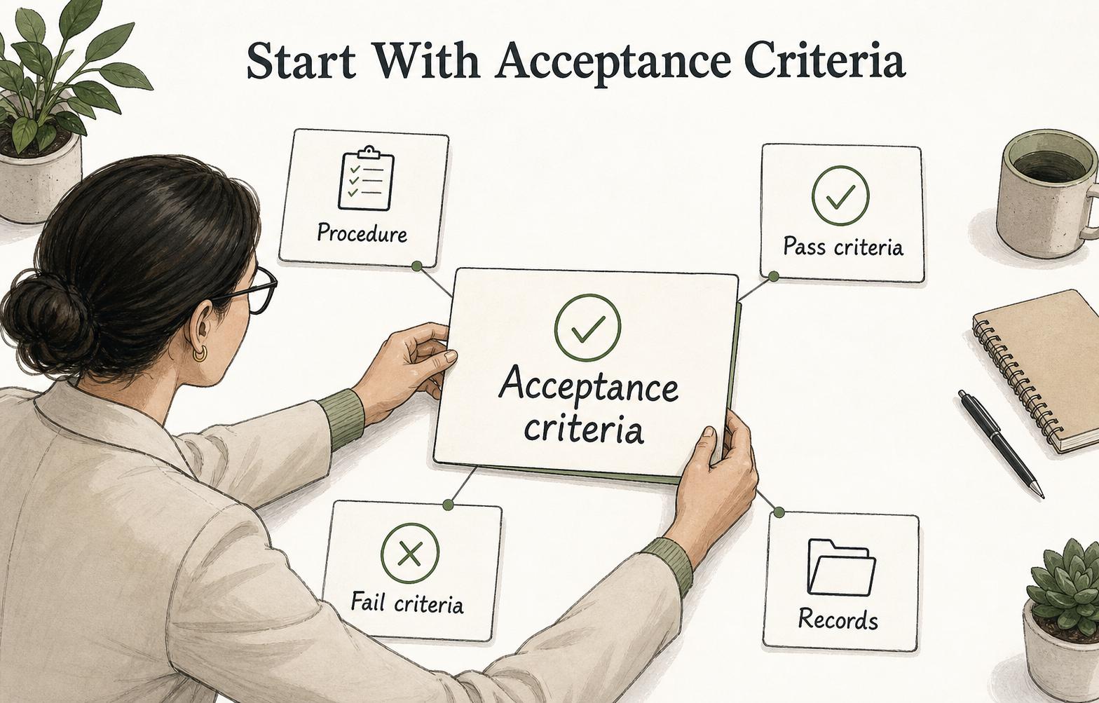 Acceptance criteria anchor the SOP, so the procedure, pass/fail rules, and records all point back to the same standard.