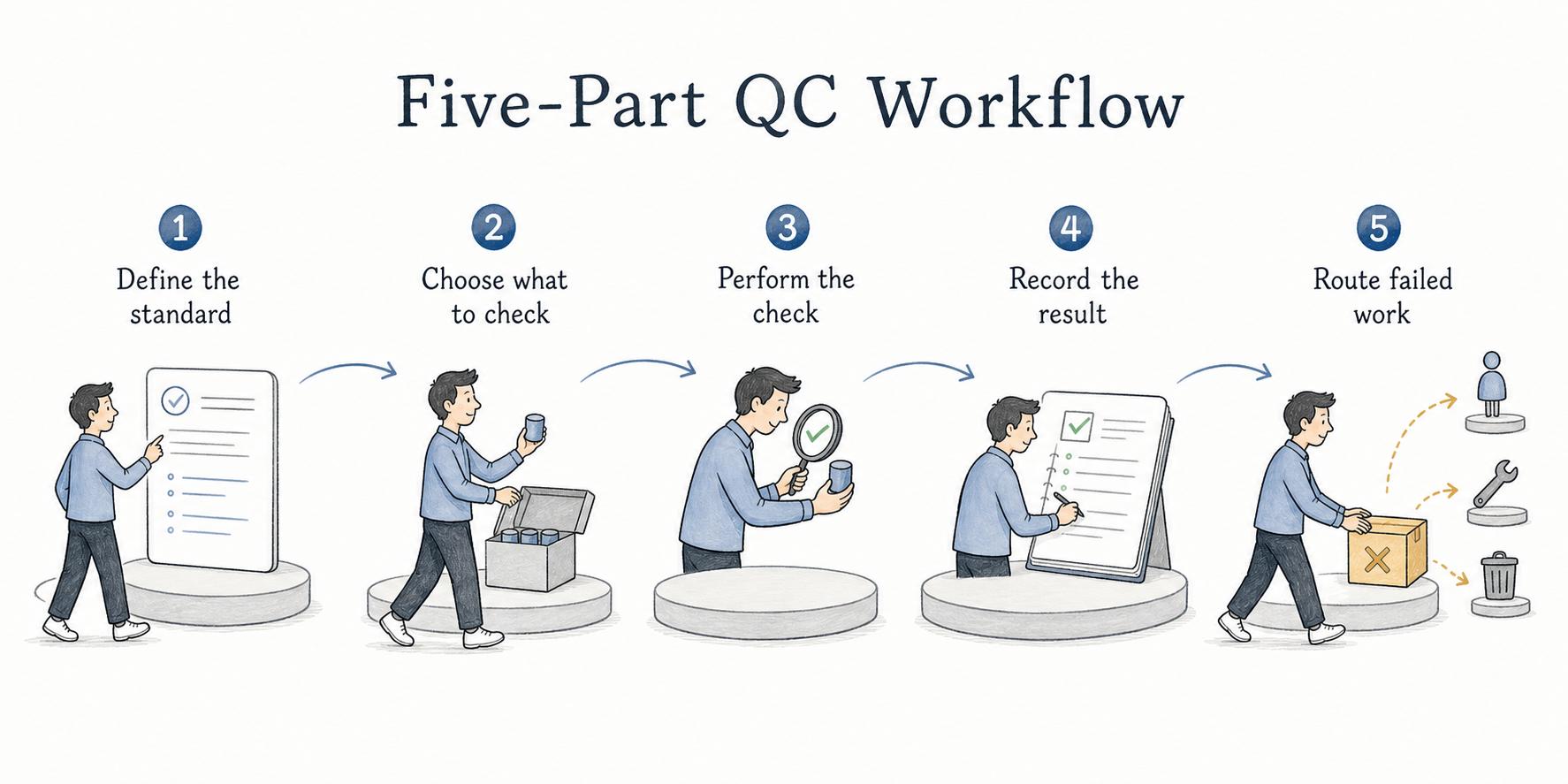 A practical QC workflow defines the standard, chooses what to check, performs the check, records the result, and routes failed work.