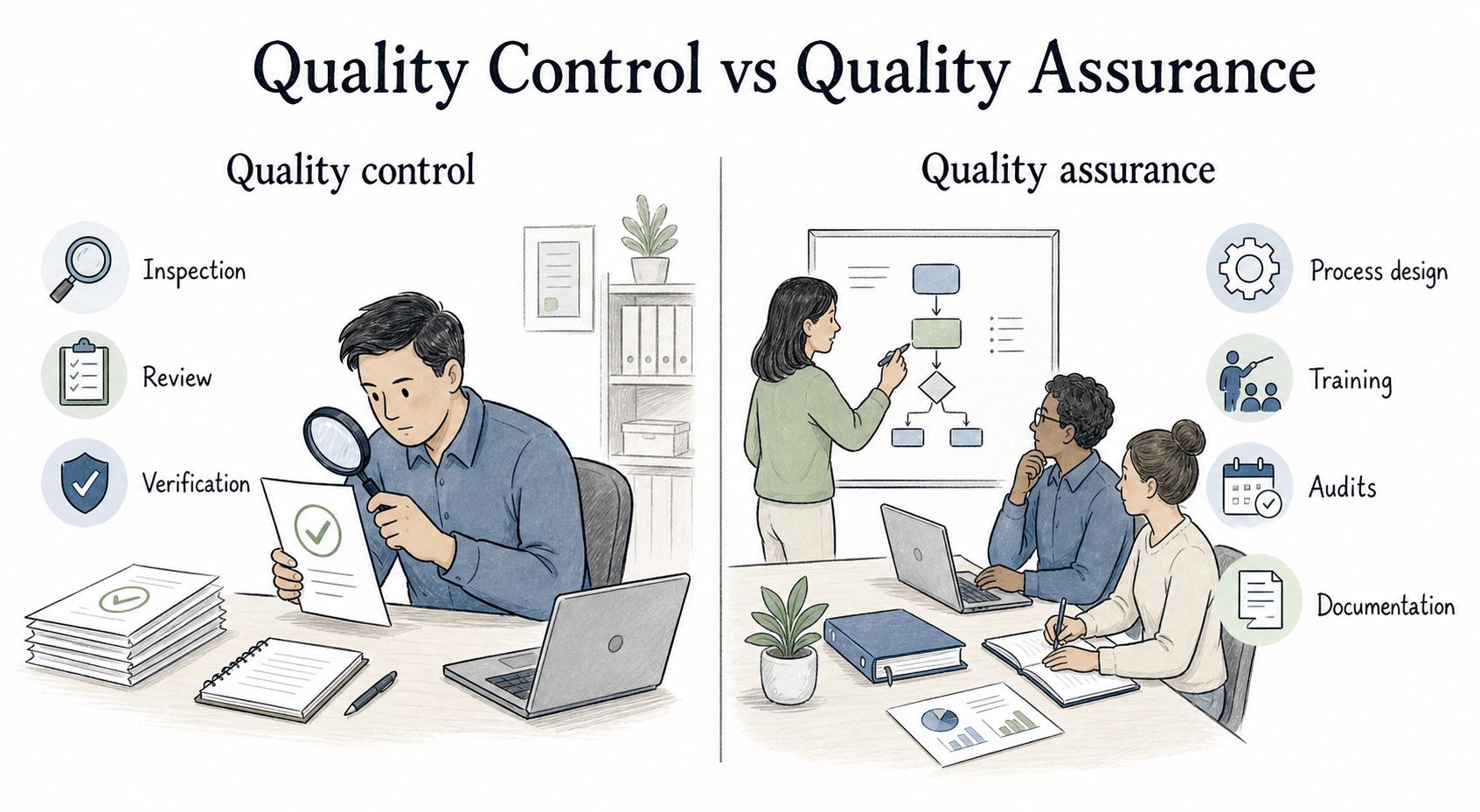 Quality control checks whether an output met the requirement; quality assurance improves the process that produces it.