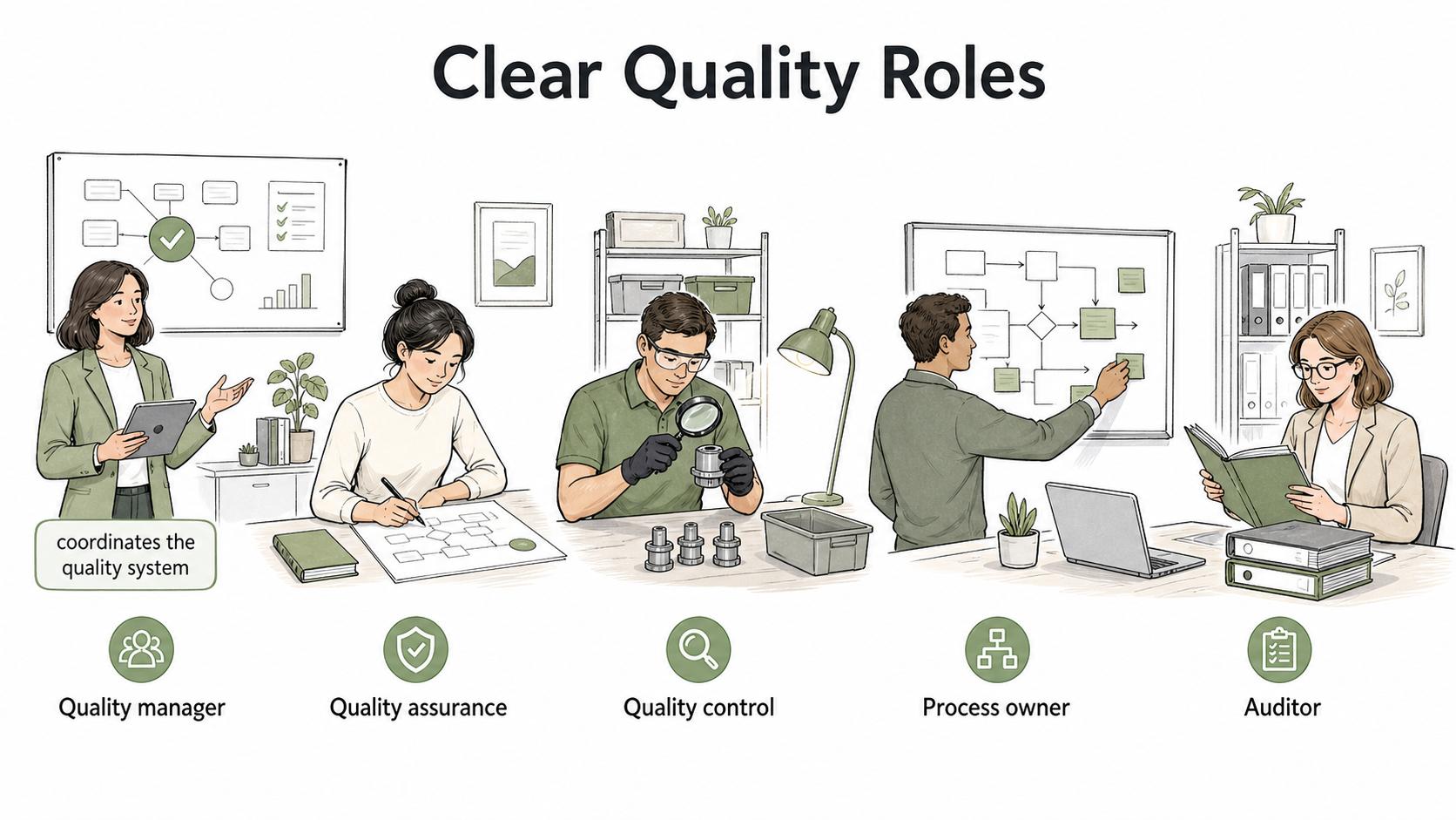 Quality works best when the quality manager coordinates the system while QA, QC, process owners, and auditors each have clear ownership.