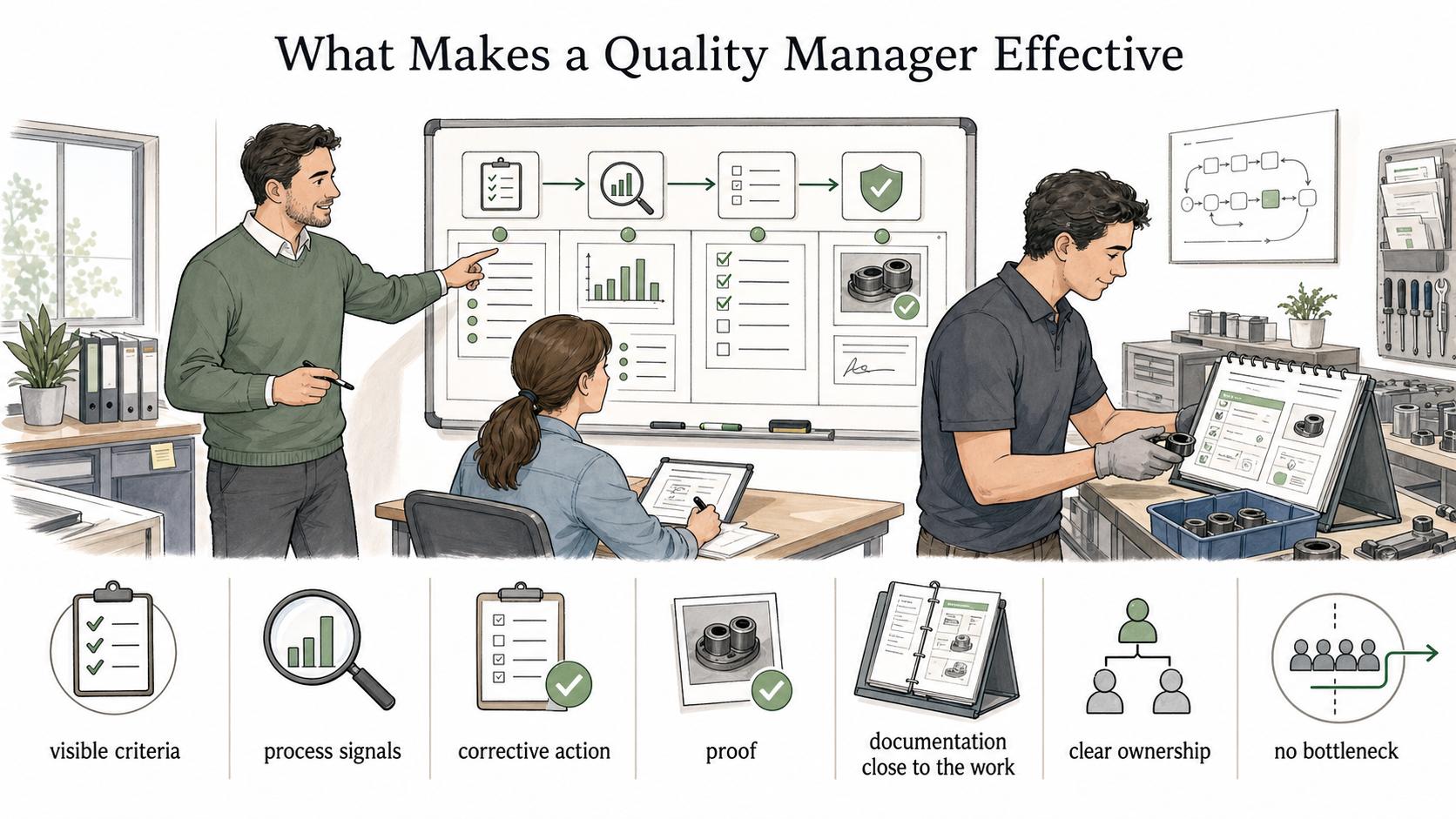 Effective quality managers turn defect trends, complaints, and missed steps into visible criteria, corrective action, proof, and improvement.