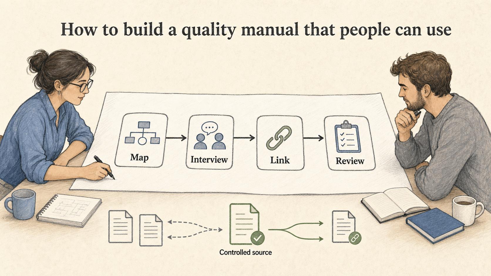 Build the manual around the real system: map the work, talk to owners, link to controlled sources, and keep the structure reviewed.