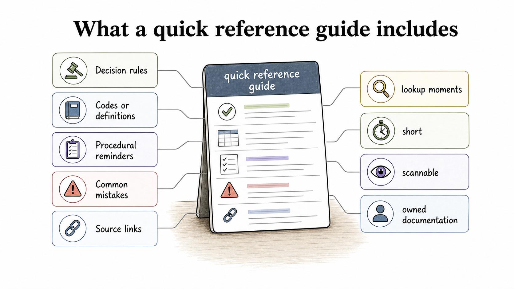 Strong quick reference guides focus on lookup moments, decision rules, reminders, common mistakes, and source links.