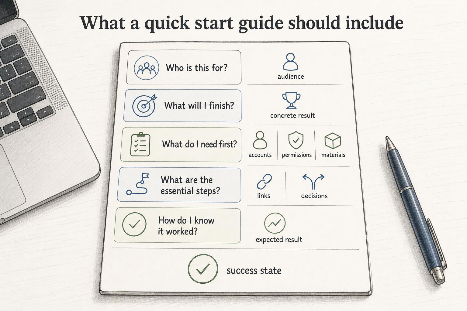 A useful quick start guide names the audience, promises a concrete result, lists prerequisites, gives essential steps, and shows how success should look.