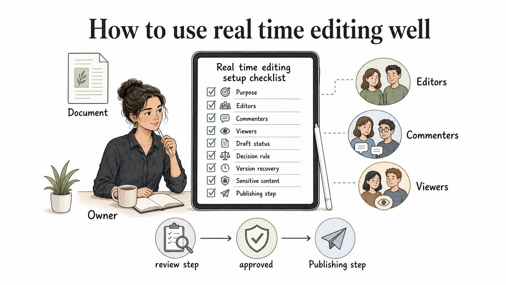 A good setup defines the owner, editors, commenters, viewers, draft status, decision rule, version recovery, and publishing step.