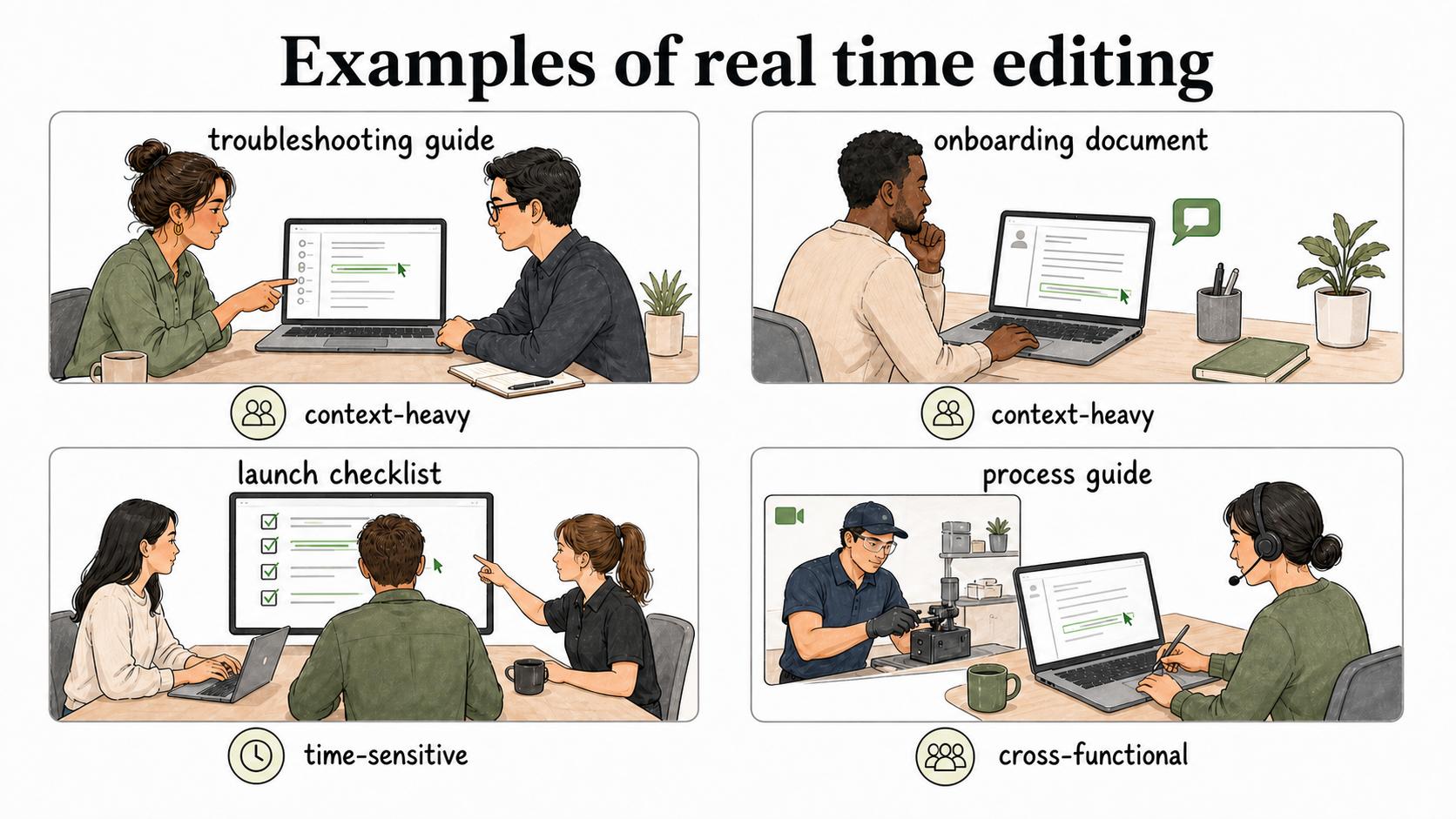 Strong real time editing use cases are time-sensitive, context-heavy, or cross-functional.