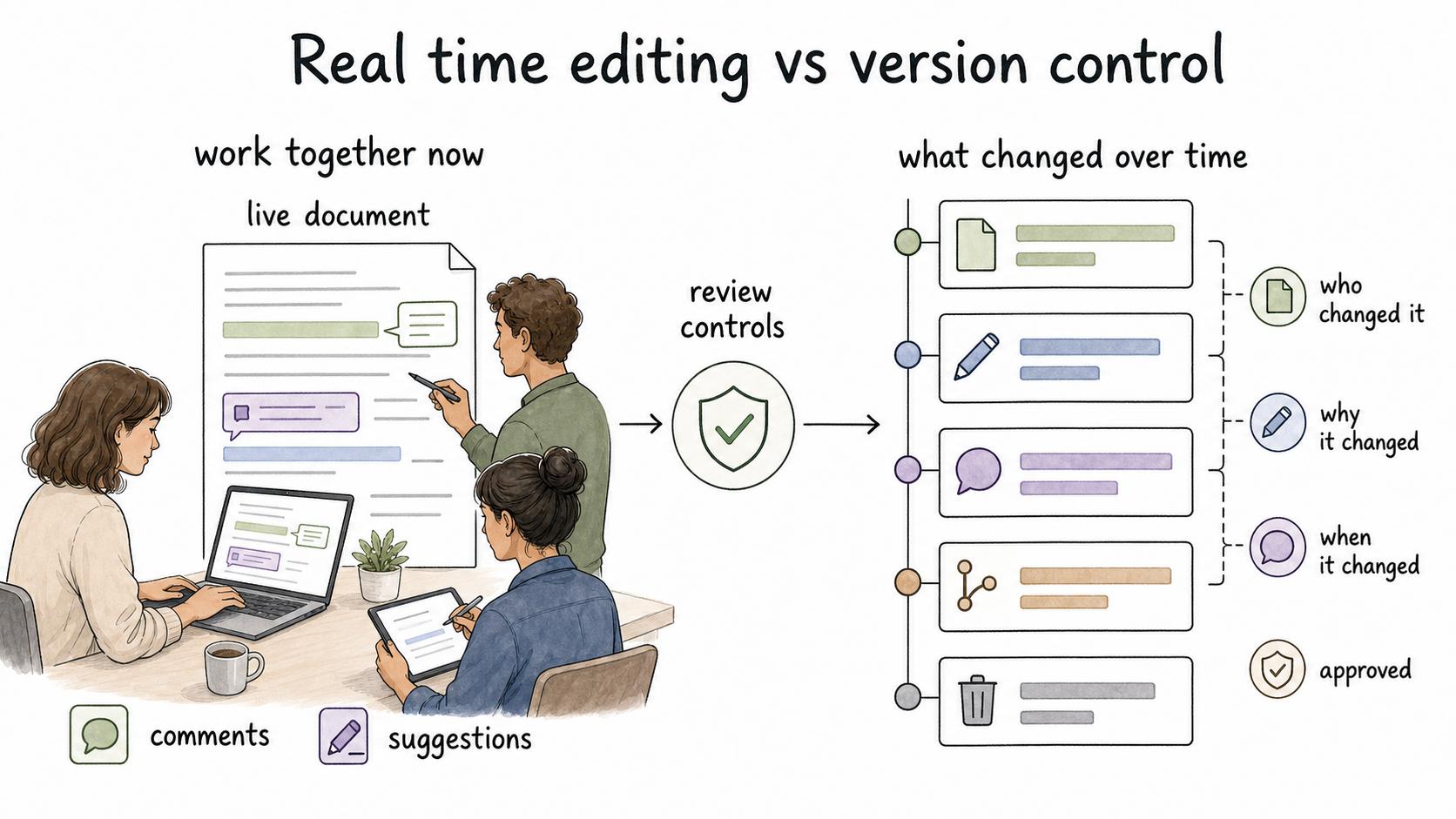 Real time editing helps teams work together now; version control helps them understand what changed over time.