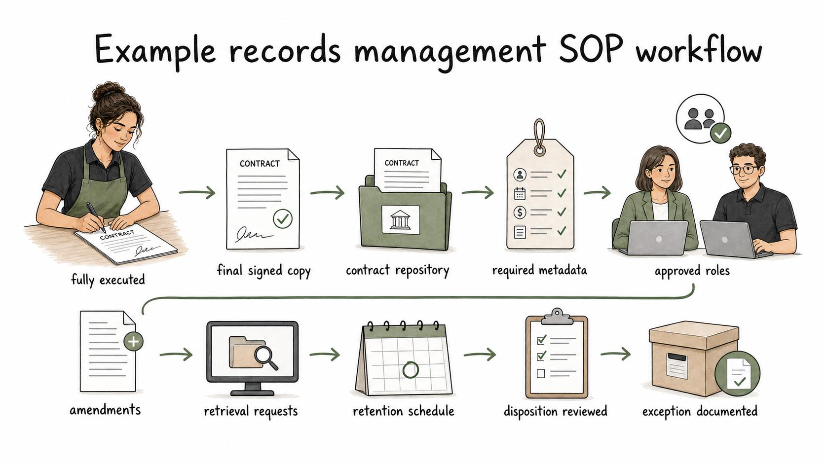 For customer contracts, the SOP carries the final signed copy through repository storage, metadata, access, retrieval, retention, disposition, and documented exceptions.