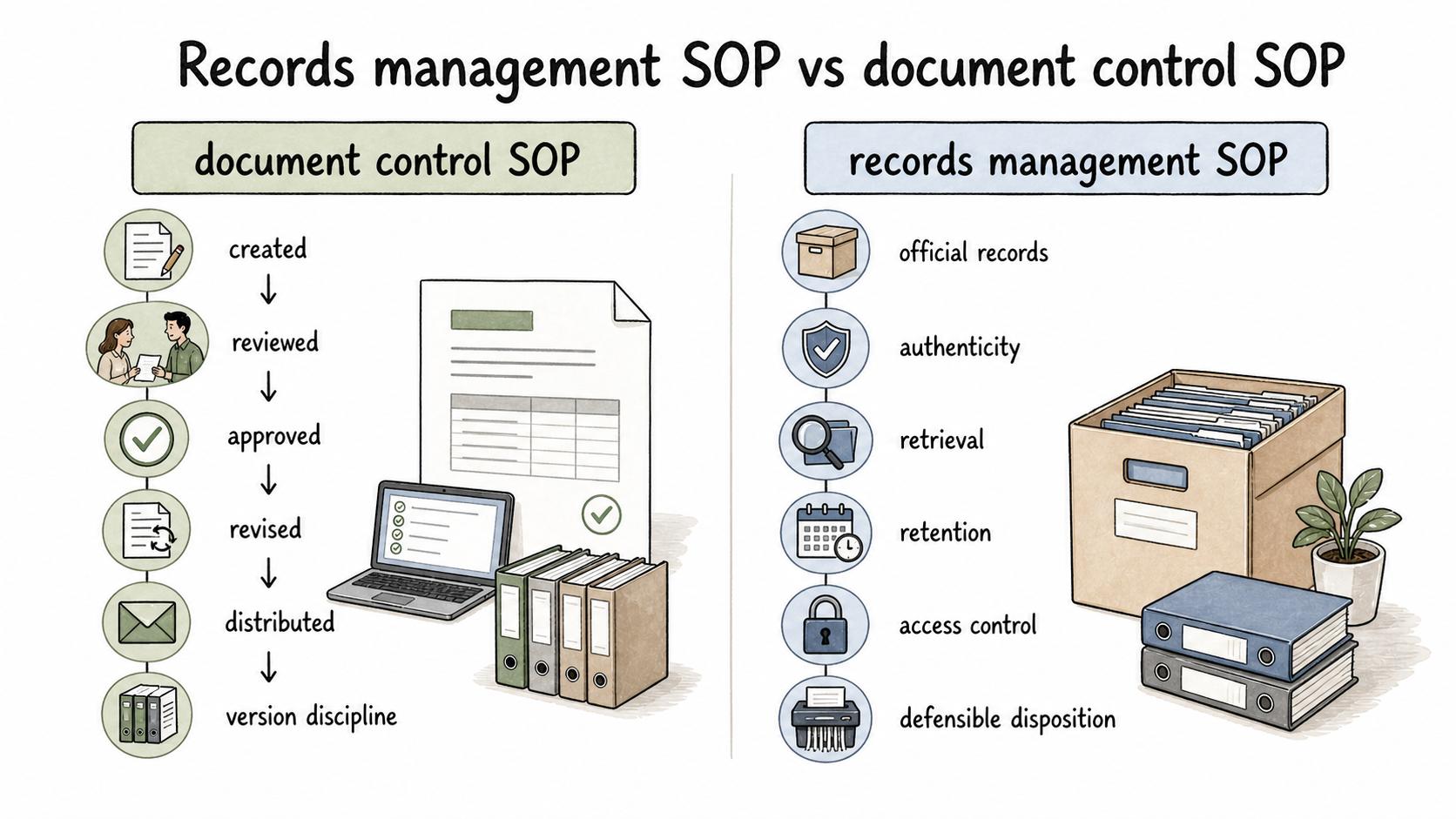 Document control governs controlled documents before and during approval; records management governs official records after they prove an action or decision.