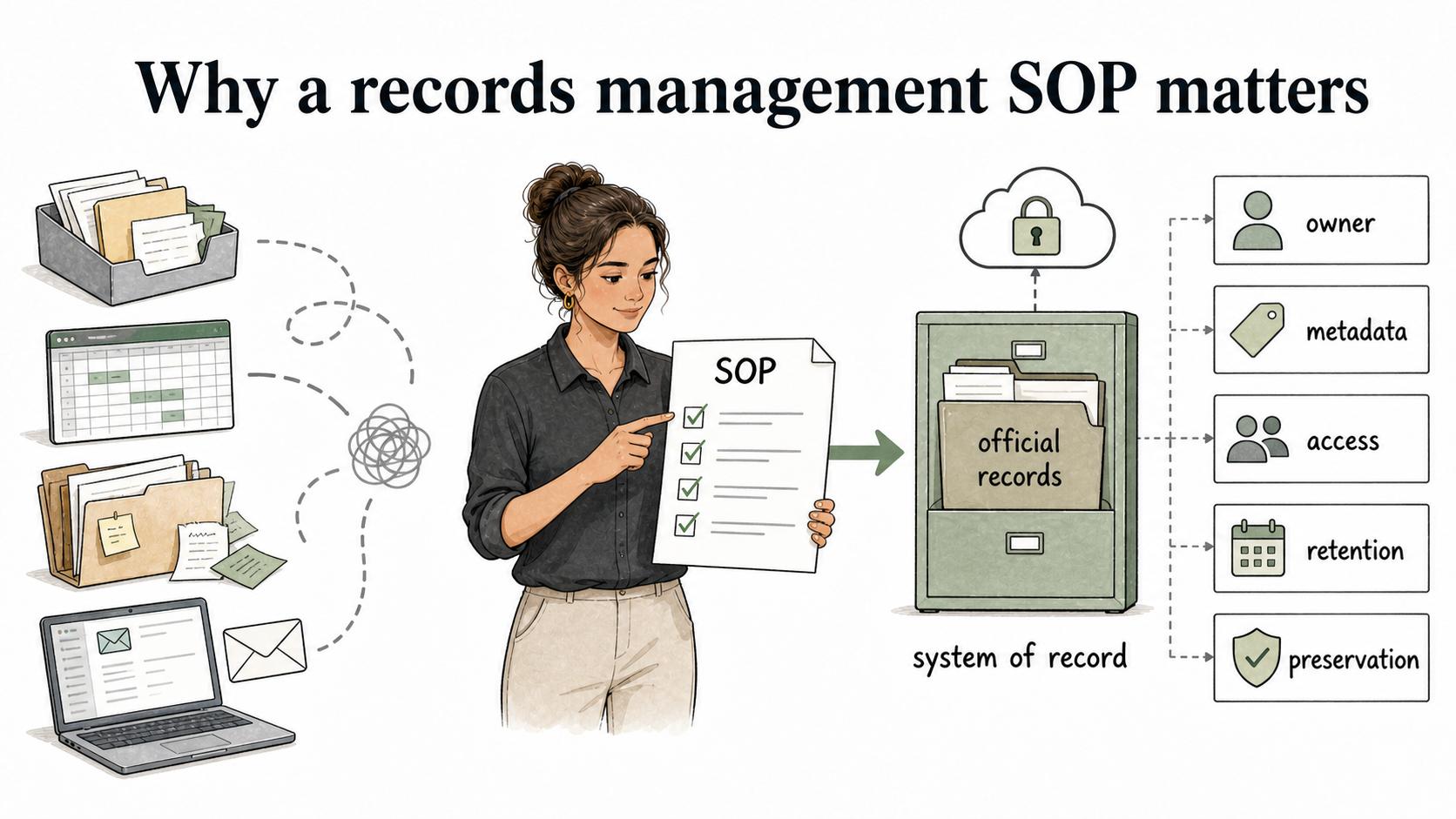 A records management SOP turns scattered files and inboxes into official records with clear owners, metadata, access, retention, and preservation.