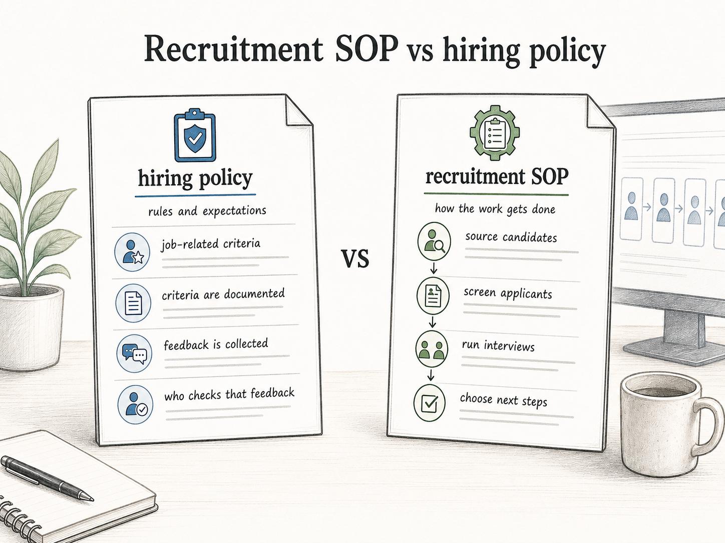 A hiring policy defines the rules and expectations; the recruitment SOP explains how the hiring work gets done.