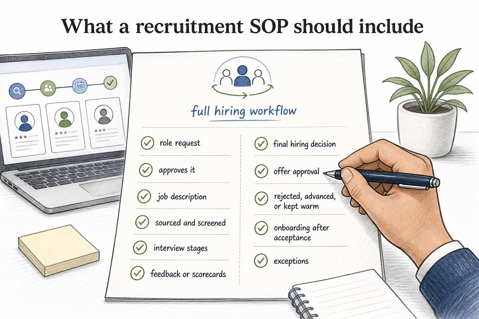 A useful recruitment SOP covers the full hiring workflow, from role request and approvals through sourcing, interviews, offers, exceptions, and onboarding handoff.