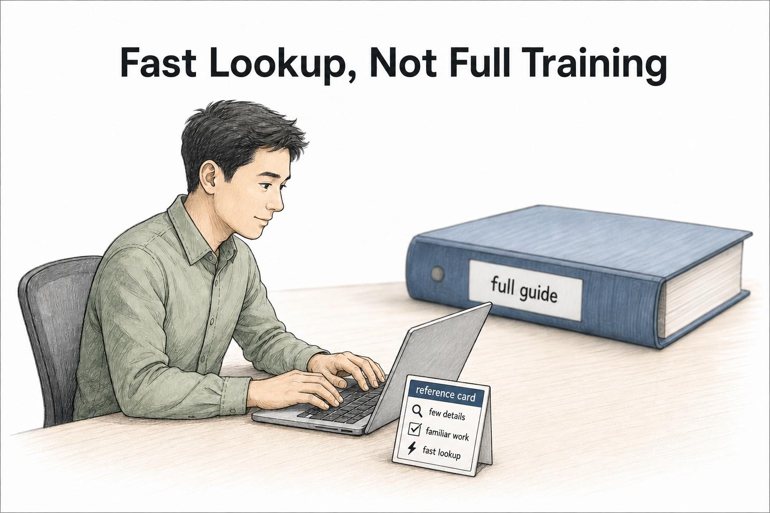 A reference card is for fast lookup during familiar work, not training from scratch.