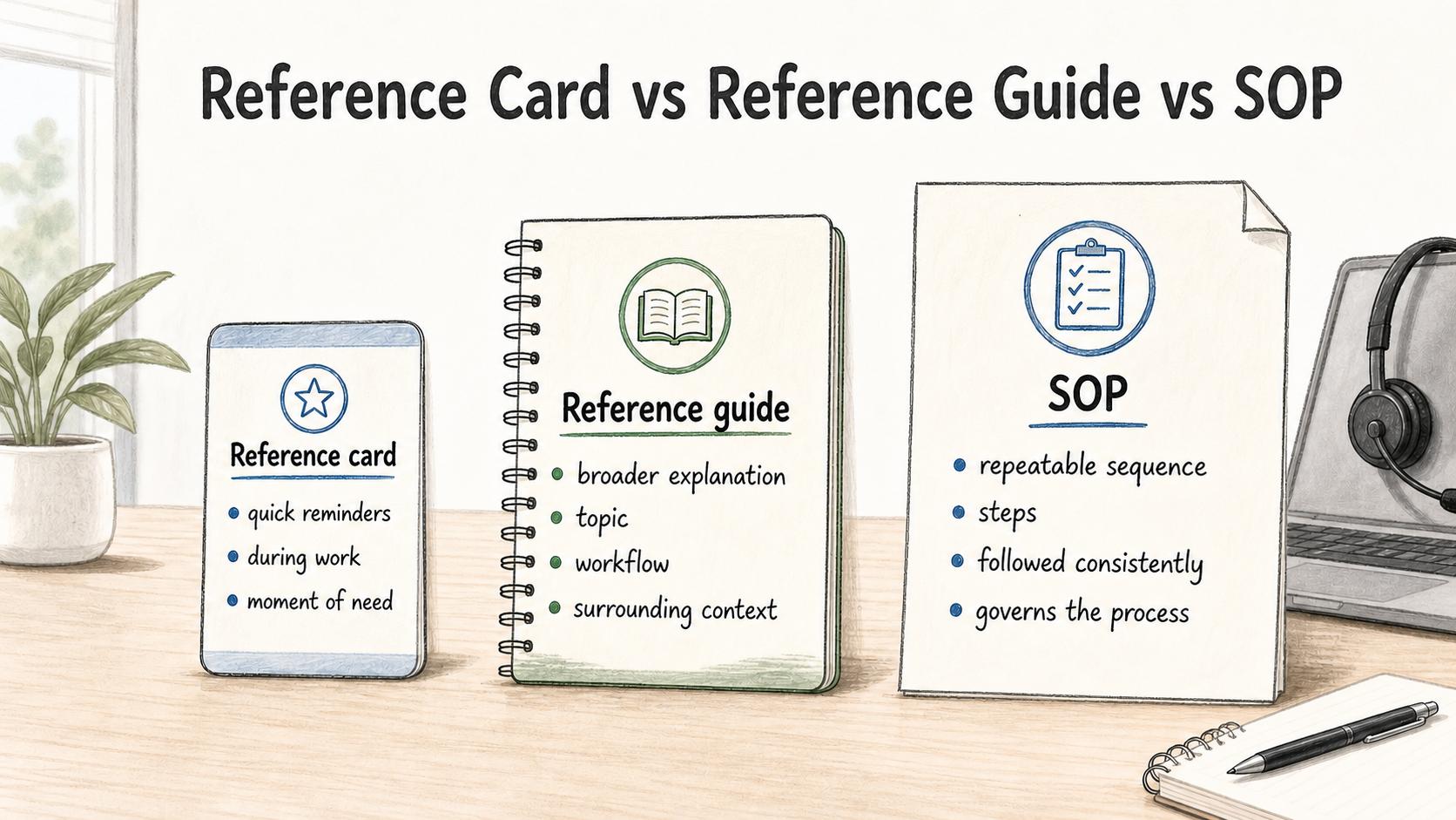 A reference guide supports explanation and lookup, a reference card gives small reminders during familiar work, and an SOP guides repeatable steps.