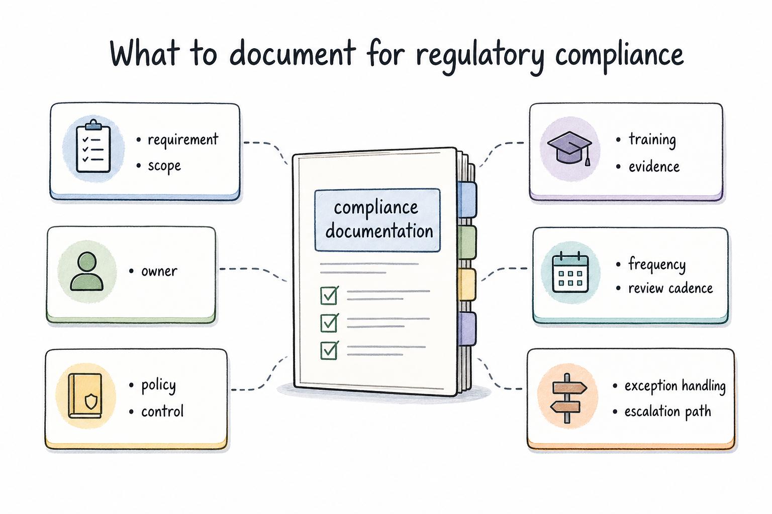 Useful compliance documentation names the requirement, scope, owner, controls, evidence, cadence, and exception path.
