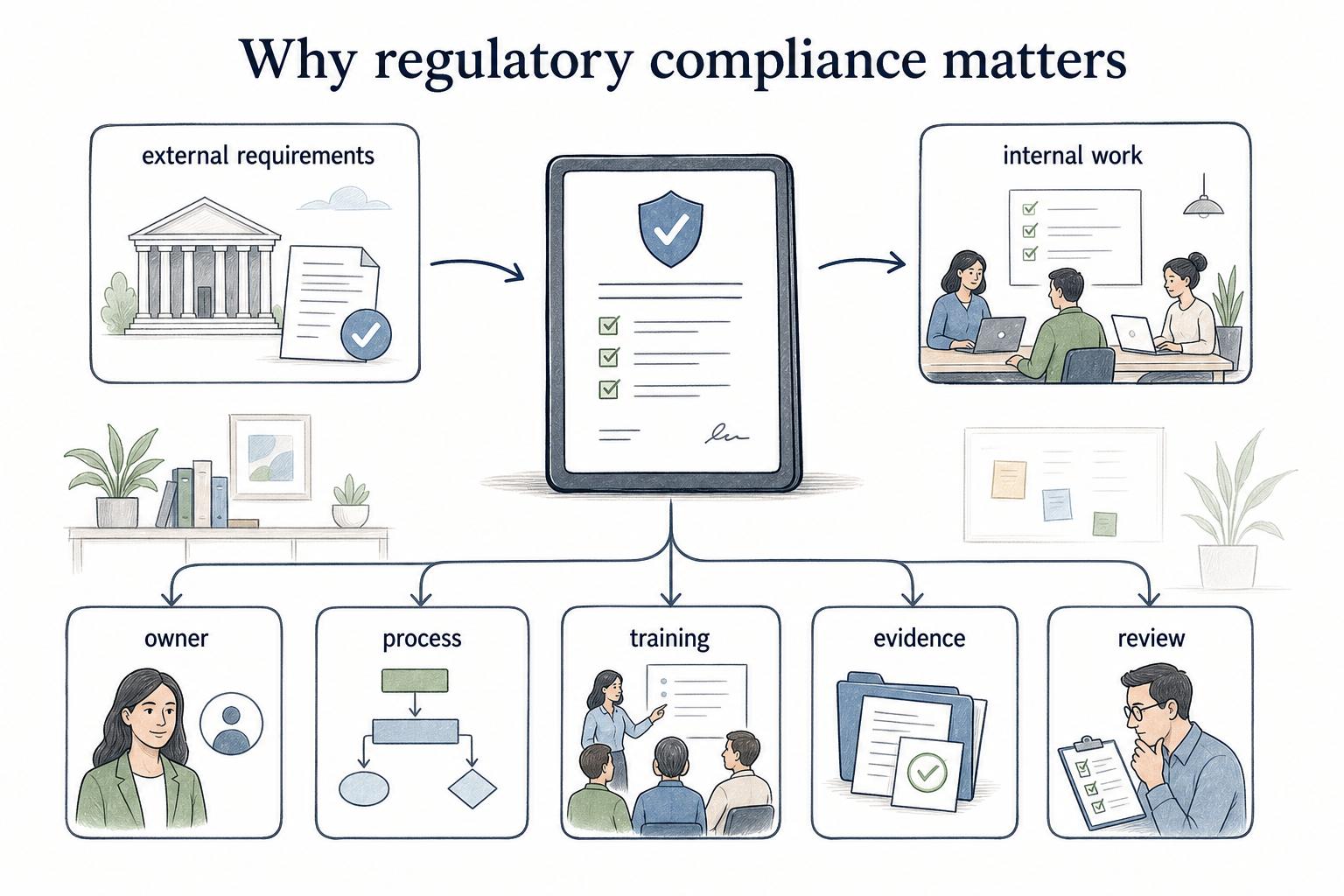 Regulatory compliance turns external requirements into owned processes, training, evidence, and review.