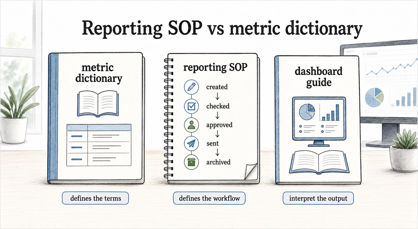 The metric dictionary defines the terms, the reporting SOP defines the workflow, and the dashboard guide helps people interpret the output.