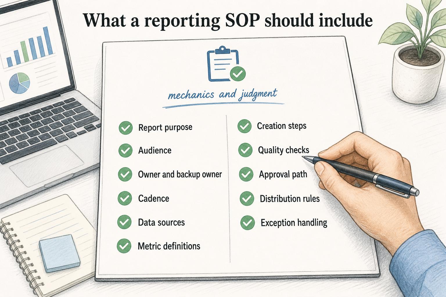 A strong reporting SOP documents the mechanics of producing the report and the judgment needed to trust it.
