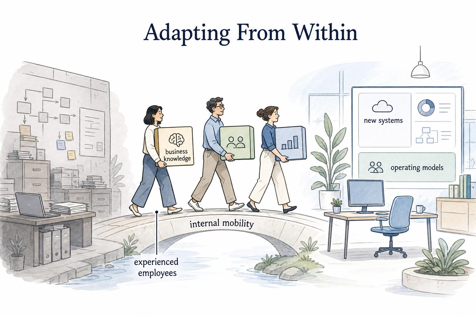 Team carrying useful knowledge from an old workflow into a new operating model.