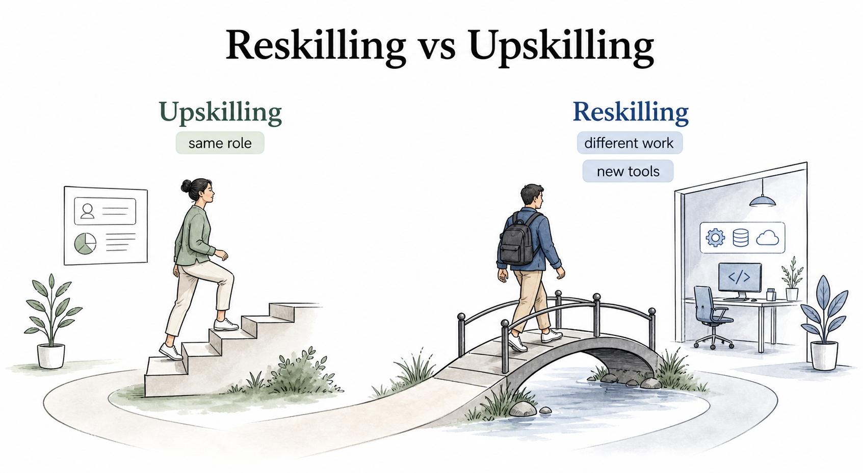 Split-path illustration comparing reskilling as a move into different work and upskilling as growth within current work.