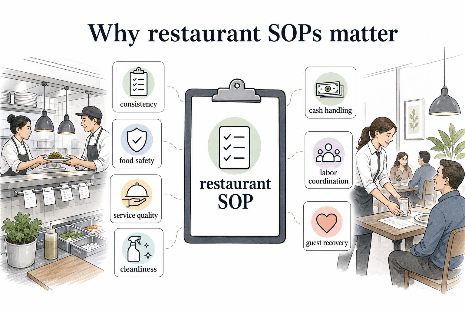 Restaurant SOPs give teams a shared operating standard for food safety, service quality, cleanliness, cash handling, labor coordination, and guest recovery.