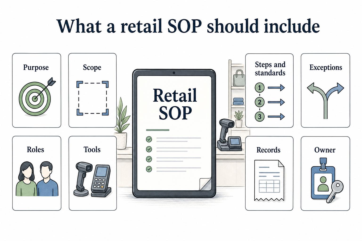 A useful retail SOP covers one real workflow, including its purpose, scope, roles, tools, steps and standards, exceptions, records, and owner.