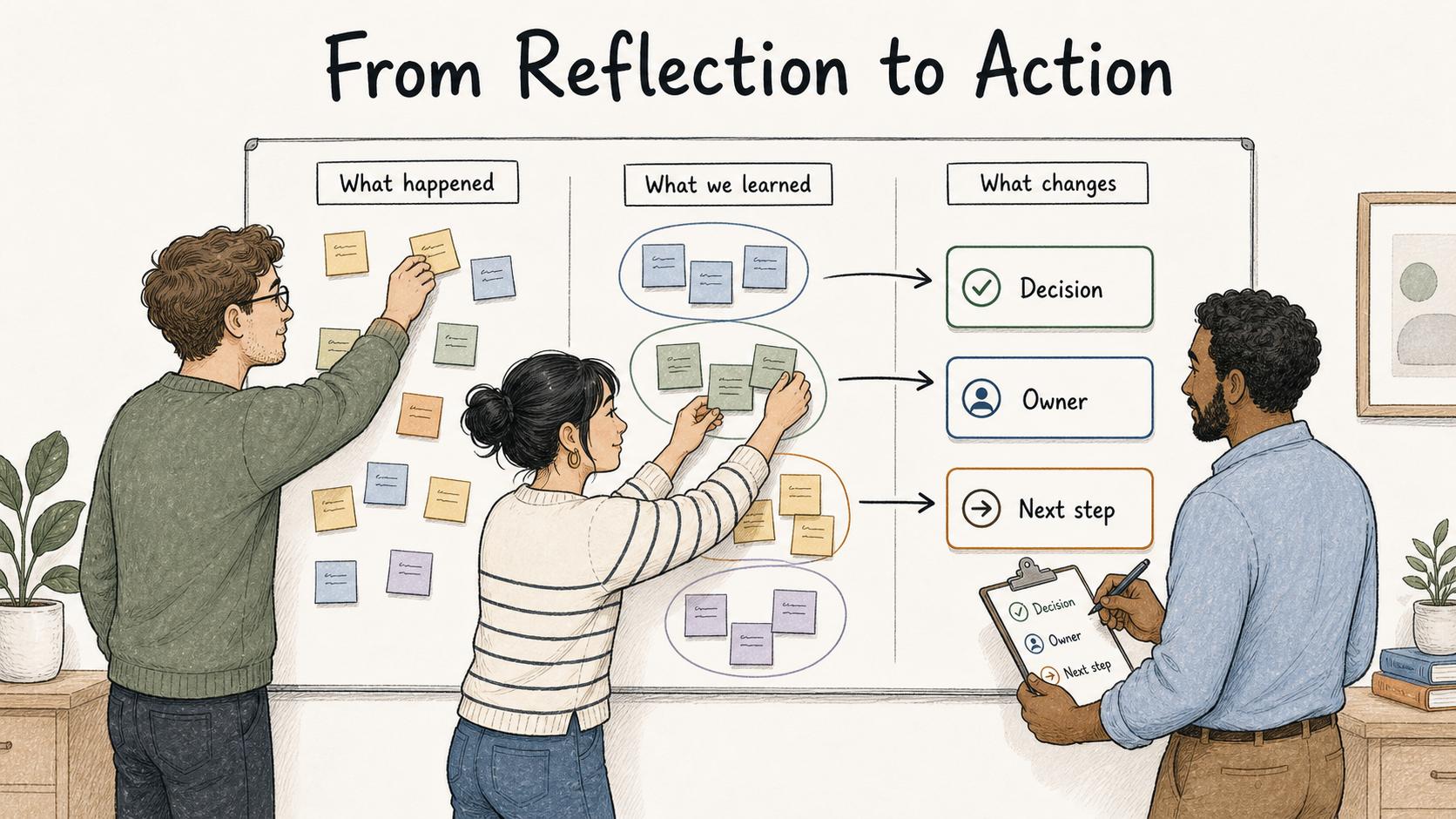 Diagram showing a retrospective turning recent work into a small number of actionable changes.