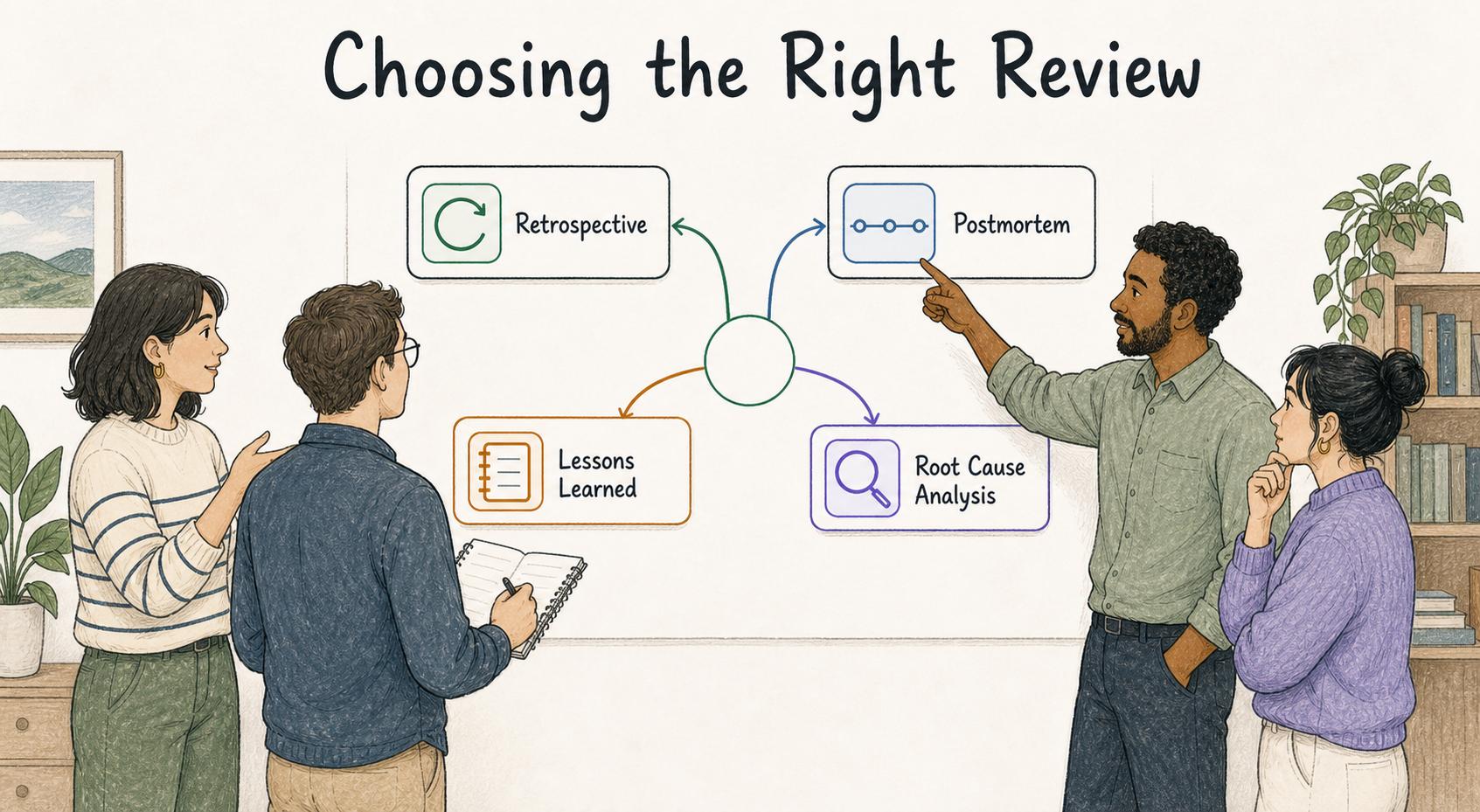Diagram comparing retrospectives, postmortems, lessons learned reviews, and root cause analysis.