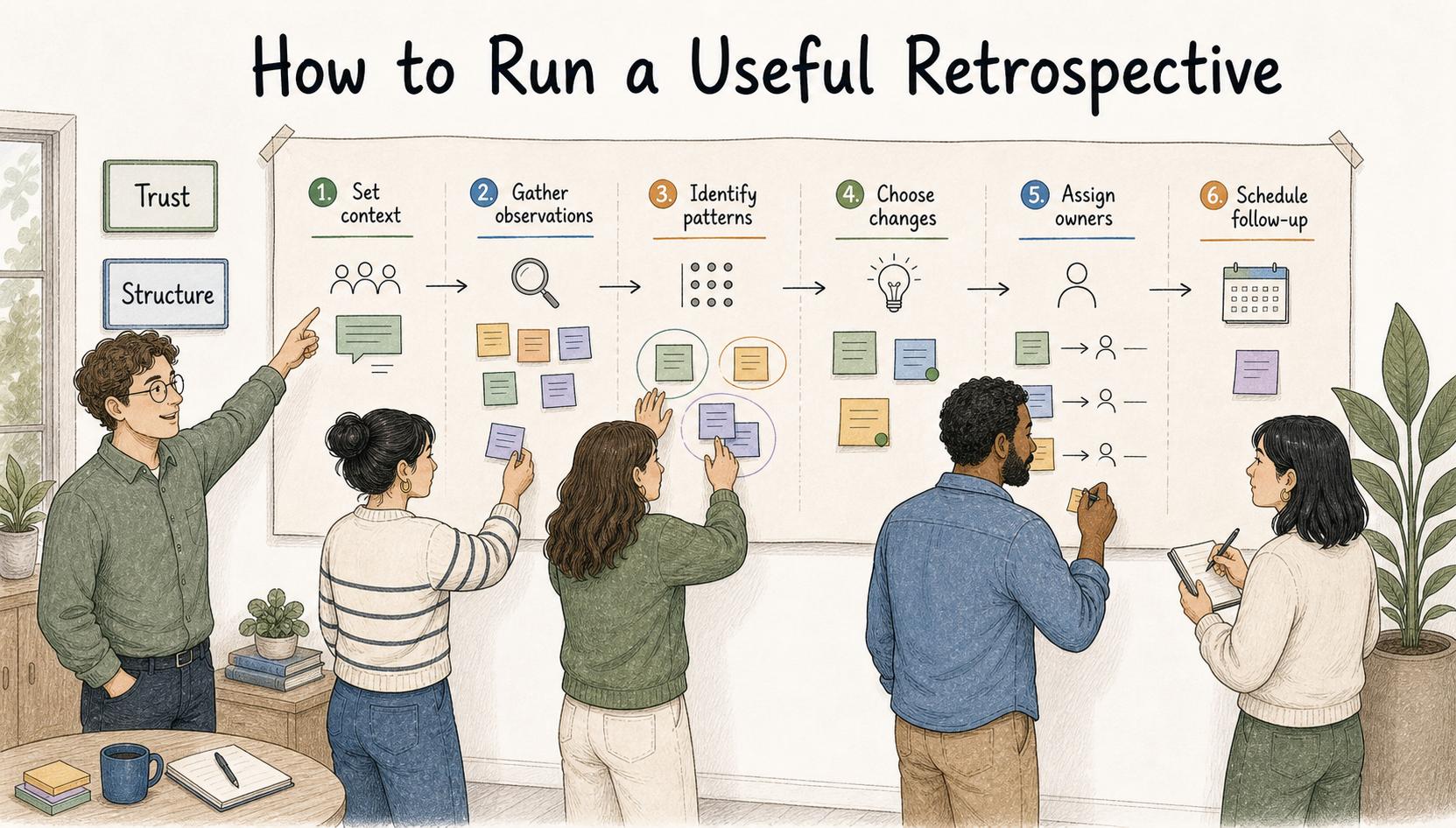 Diagram showing that a useful retrospective needs both structure and trust.